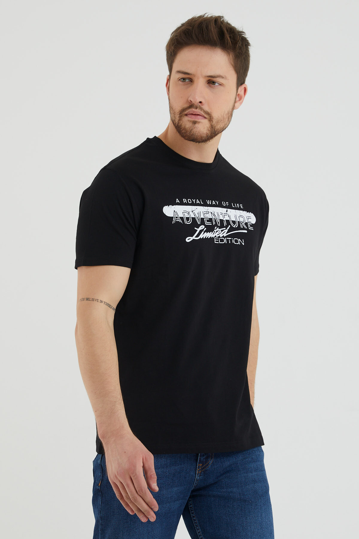 Adventure Yazılı Baskılı Bisiklet Yaka Slim Fit Tshirt