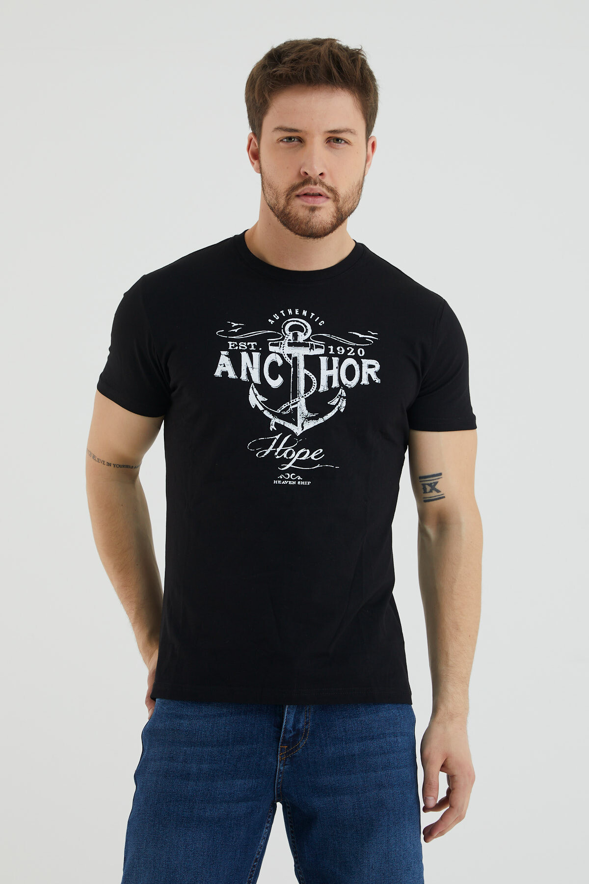 Ancthor Yazı Baskılı Bisiklet Yaka Slim Fit Tshirt