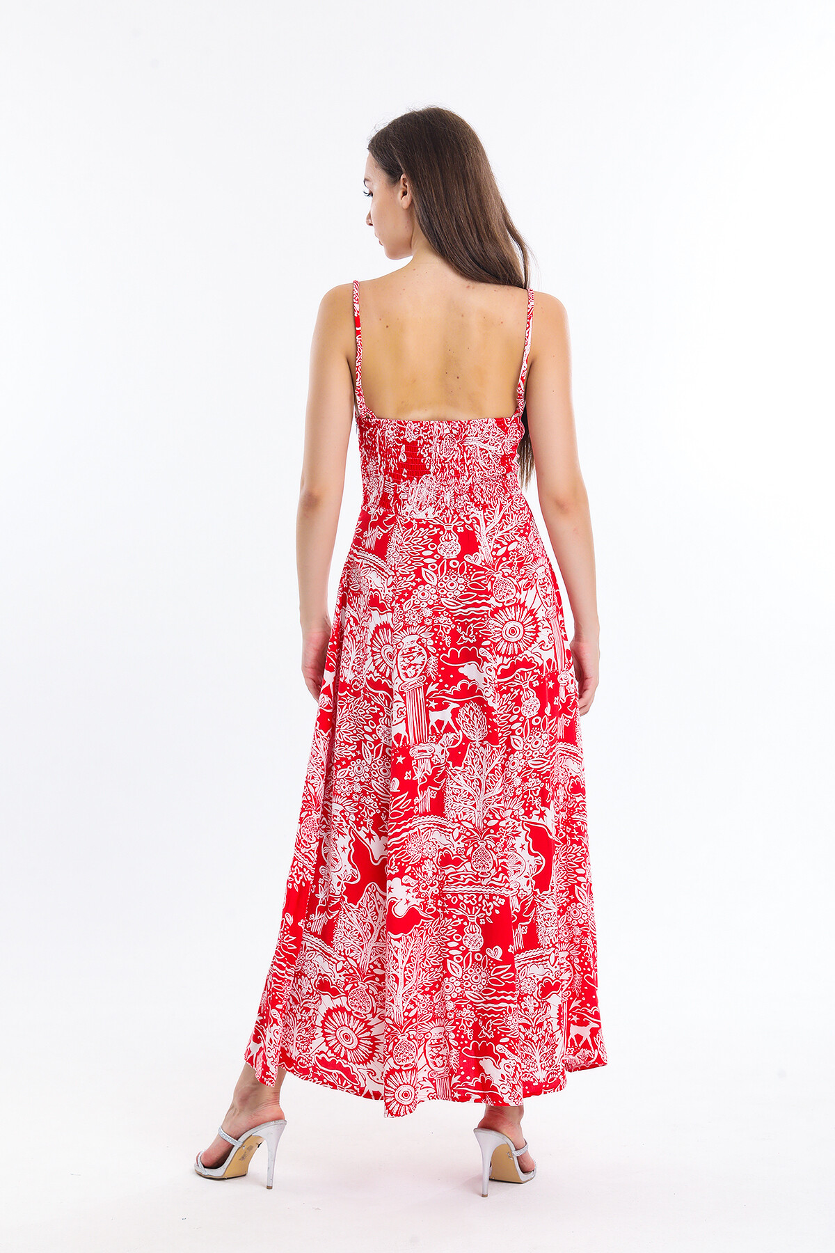 Askılı Sırtı Büzgülü Desenli Elbise