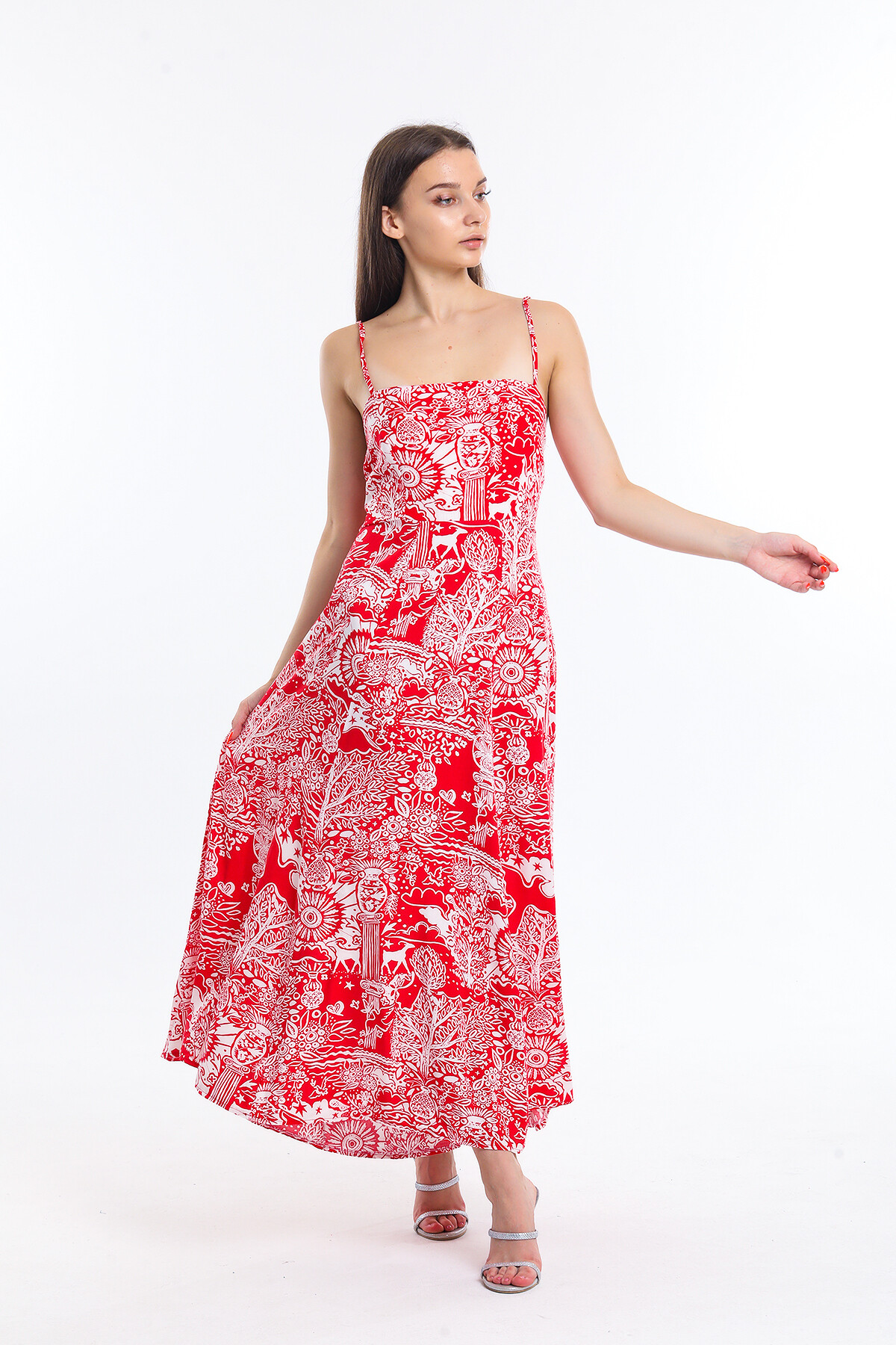 Askılı Sırtı Büzgülü Desenli Elbise