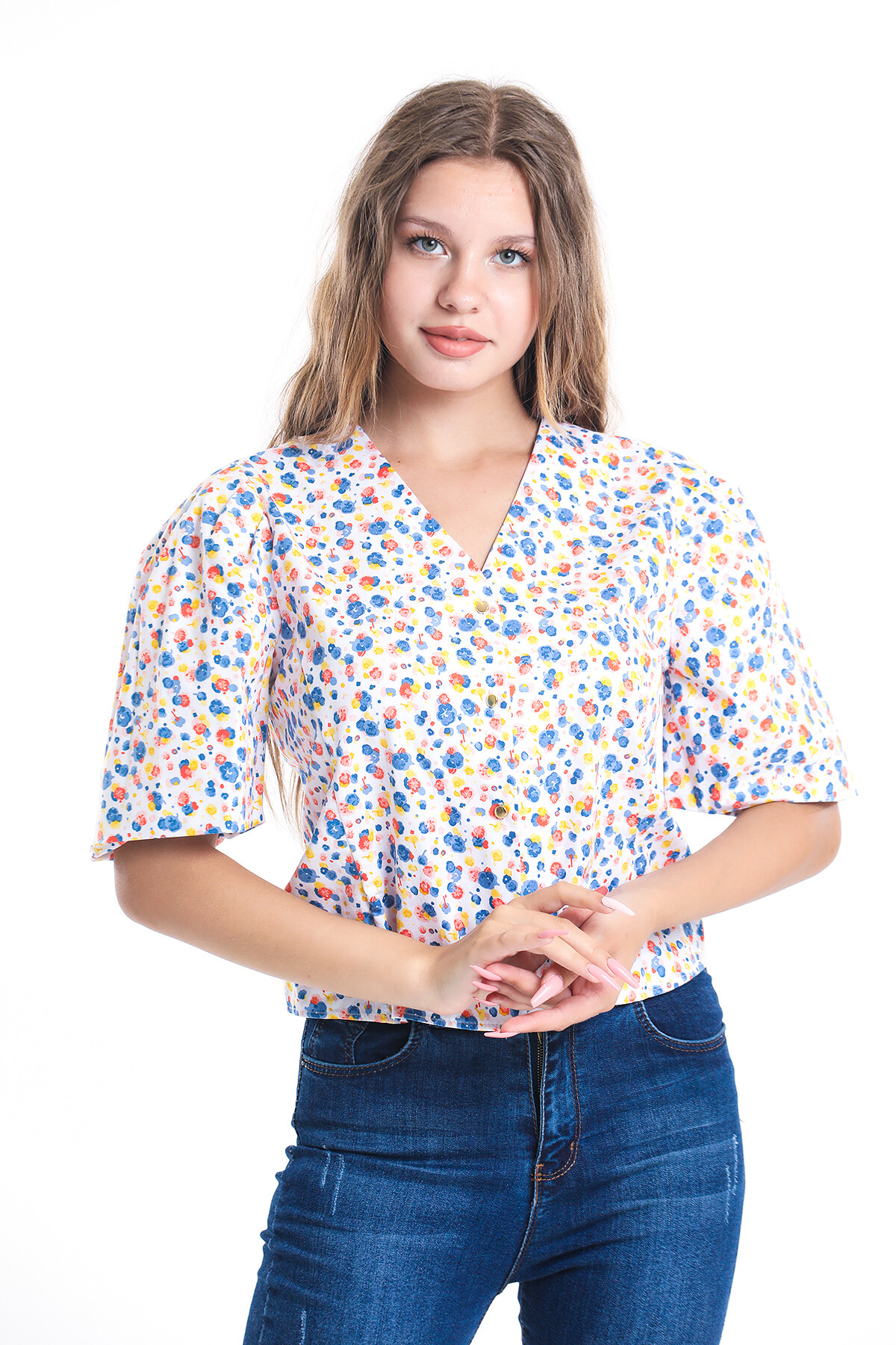 Balon Kol Önü Düğmeli Arkası Büzgülü Çiçek Desenli Bluz