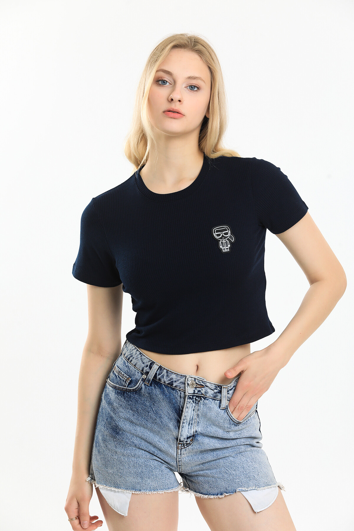 Bisiklet Yaka Armalı Kaşkorseli Crop Bluz