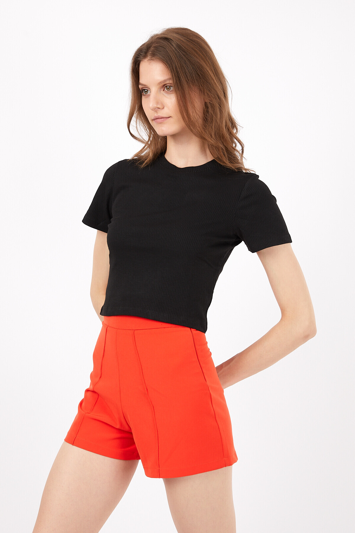 Bisiklet Yaka Kaşkorseli Kısa Kol Crop Bluz