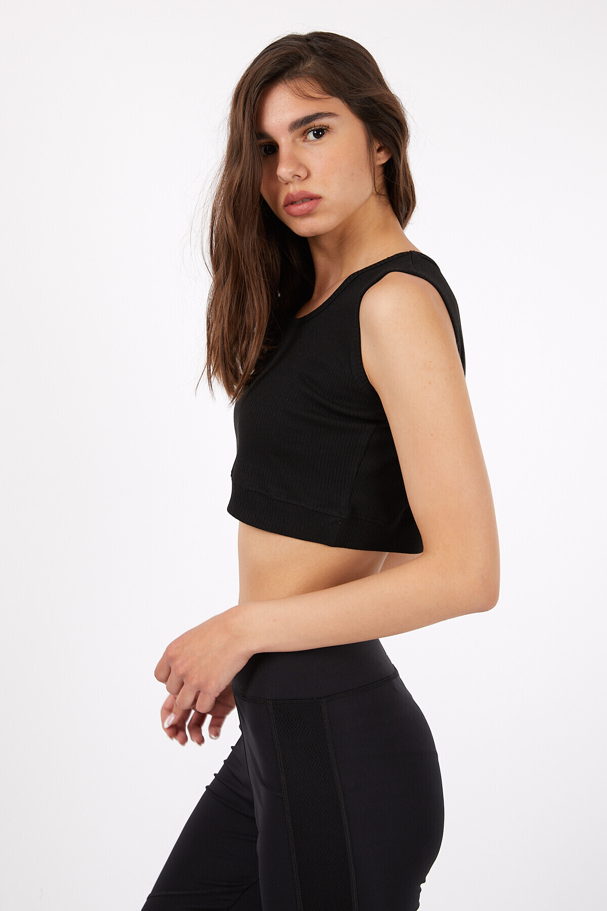 Bisiklet Yaka Kolsuz Kaşkorseli Crop Bluz