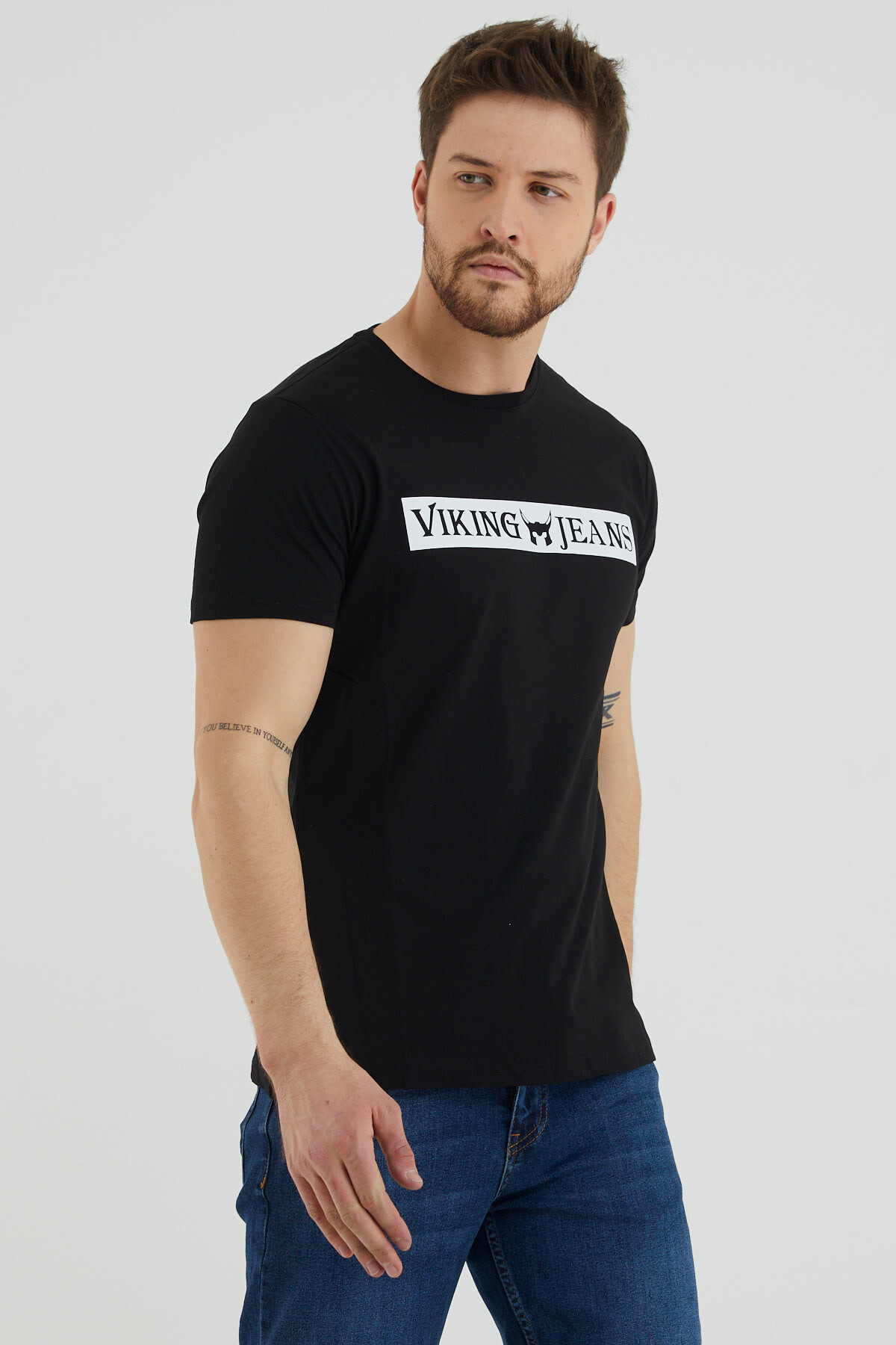 Bisiklet Yaka Viking Jeans Yazı Baskılı Tshirt