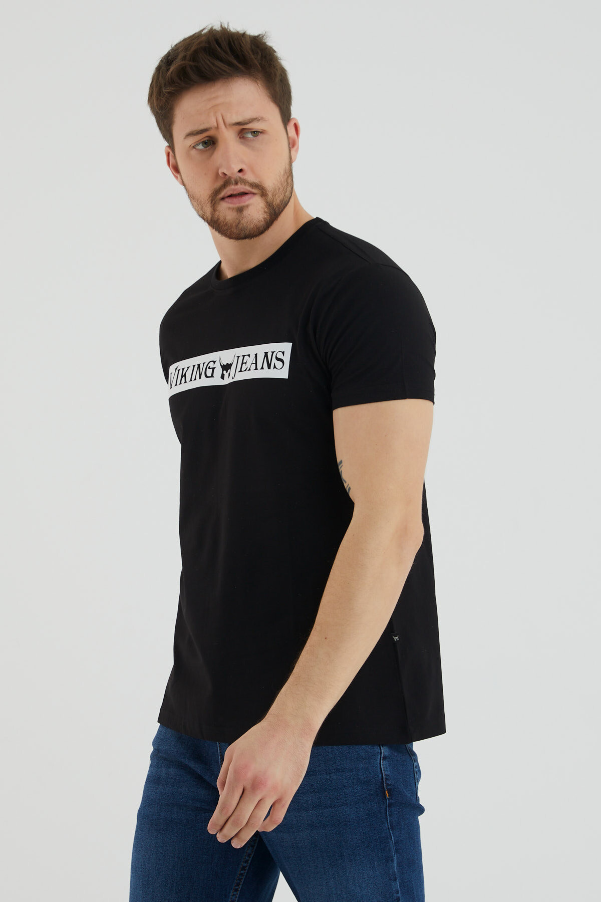 Bisiklet Yaka Viking Jeans Yazı Baskılı Tshirt