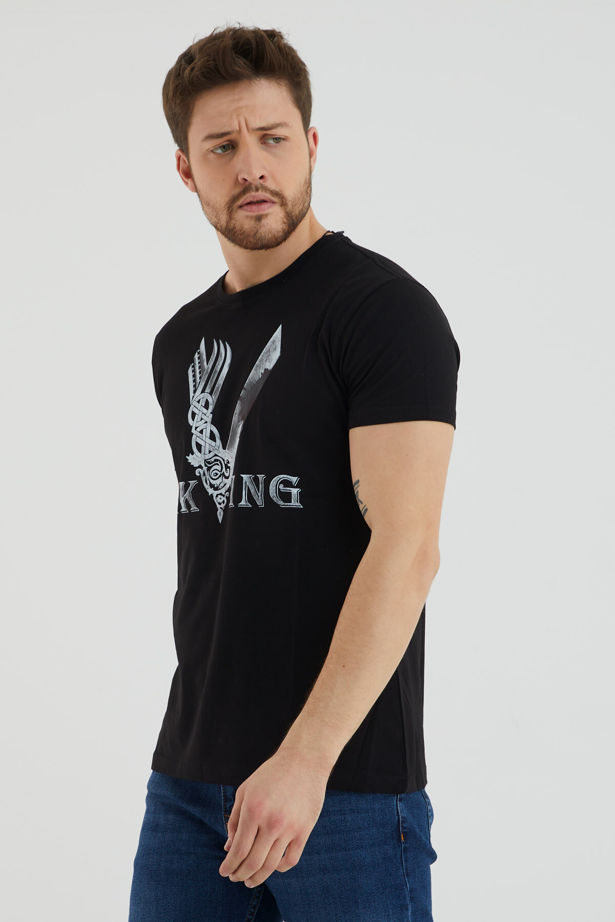 Bisiklet Yaka Viking Yazı Baskılı Tshirt