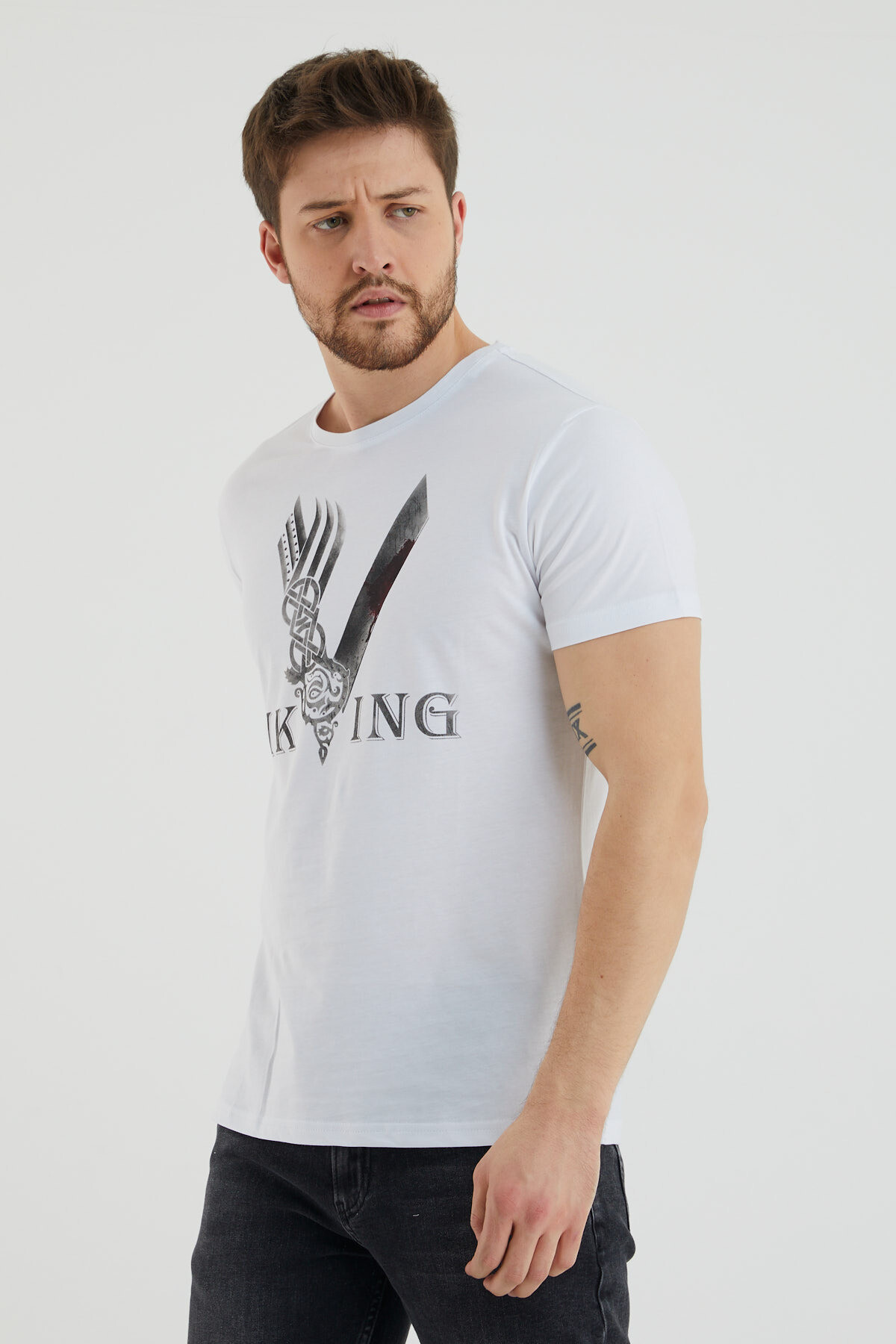 Bisiklet Yaka Viking Yazı Baskılı Tshirt