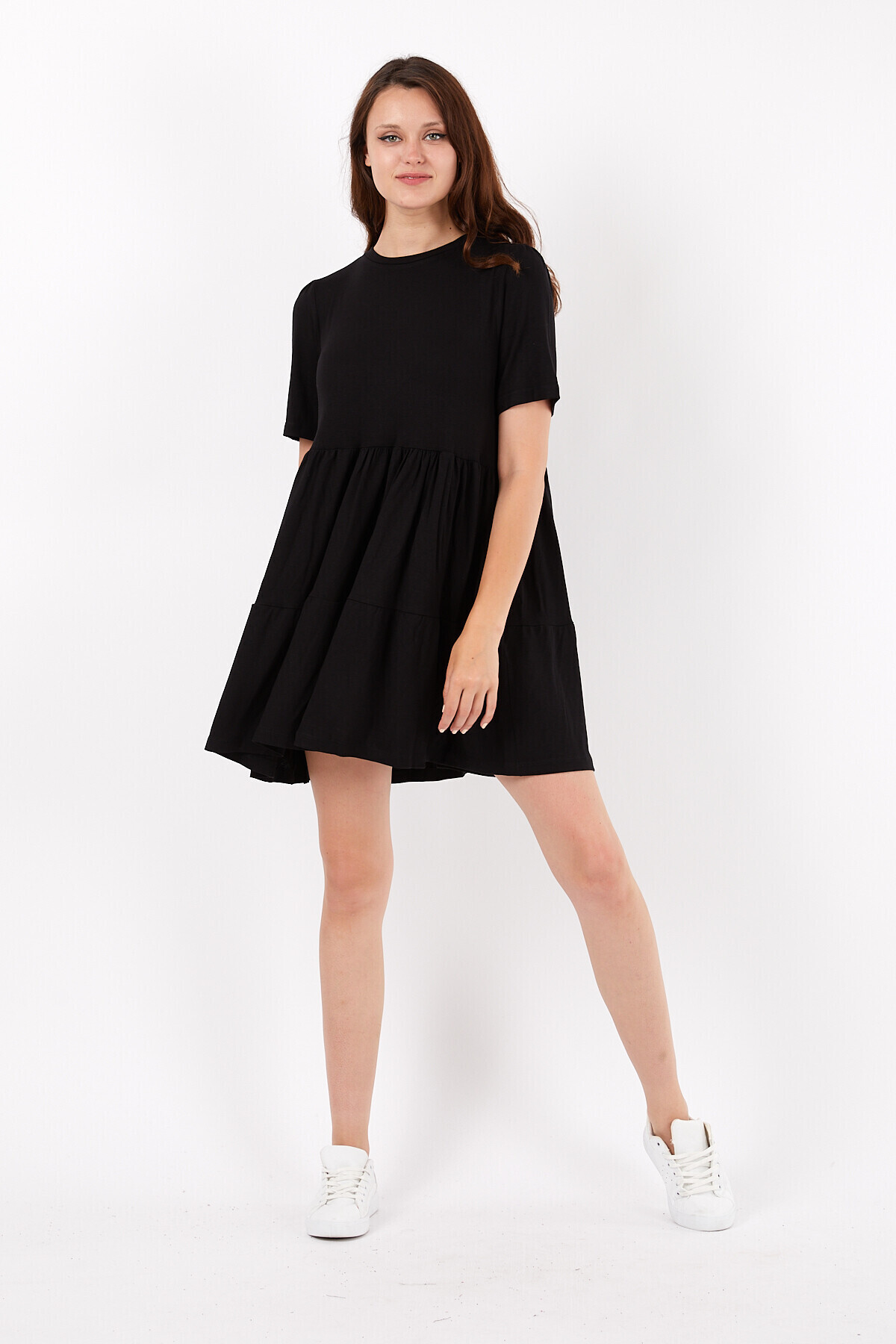 Bisiklet Yaka Yarım Kol Pileli Kısa Elbise