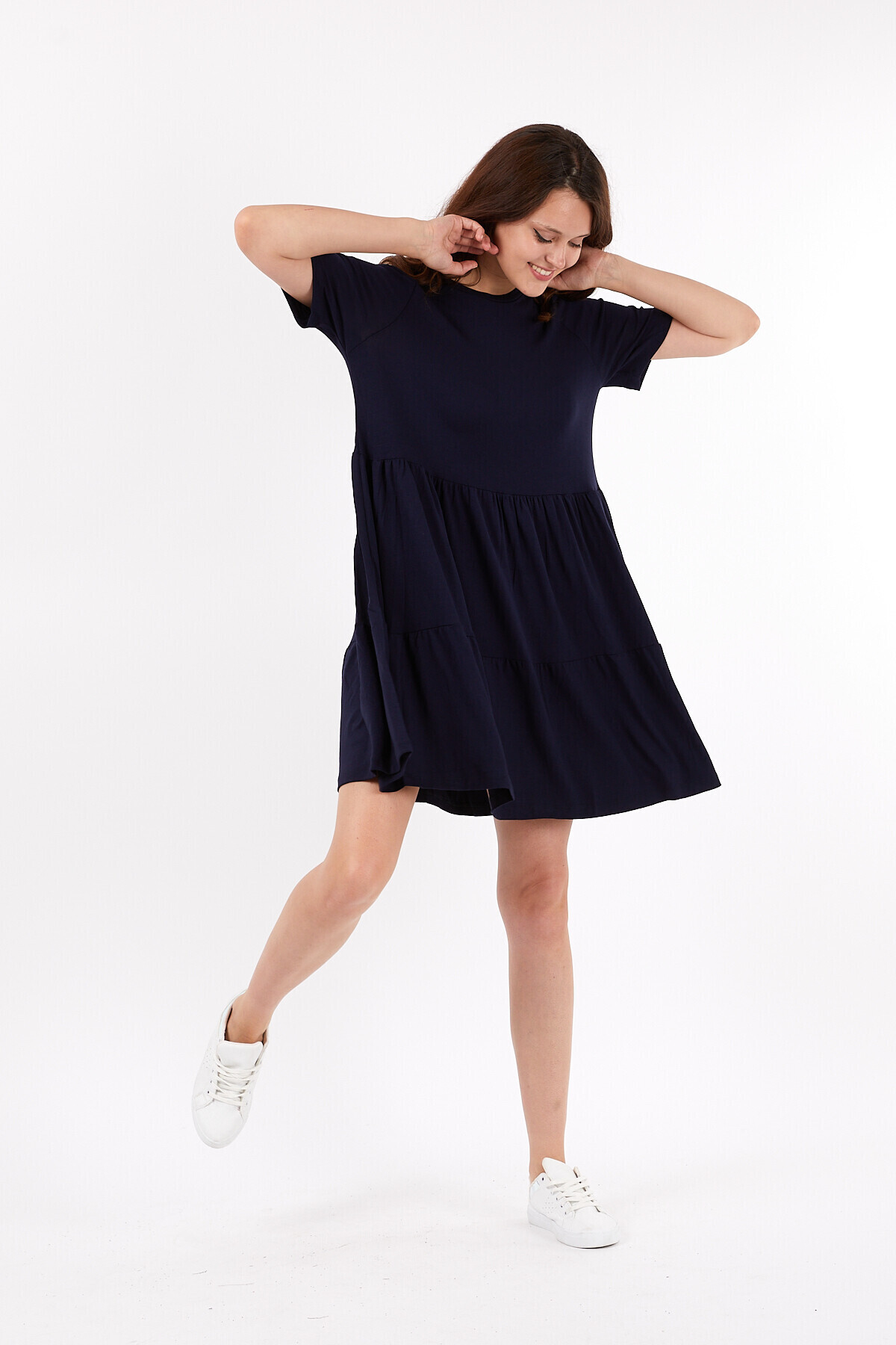 Bisiklet Yaka Yarım Kol Pileli Kısa Elbise