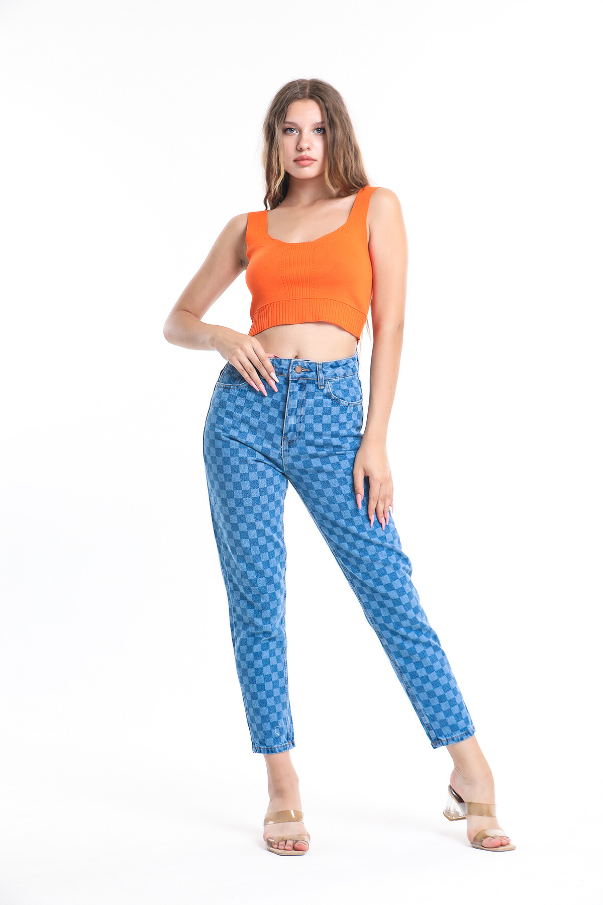 Cepli Kare Desenli Yüksek Bel Kot Pantolon