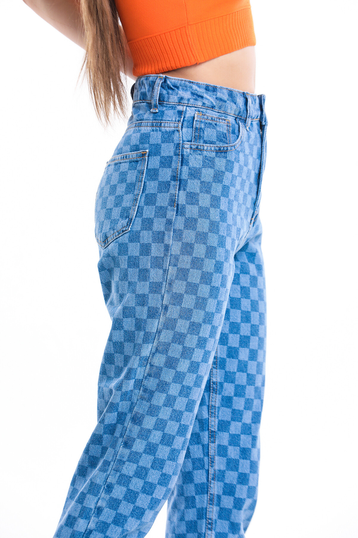 Cepli Kare Desenli Yüksek Bel Kot Pantolon