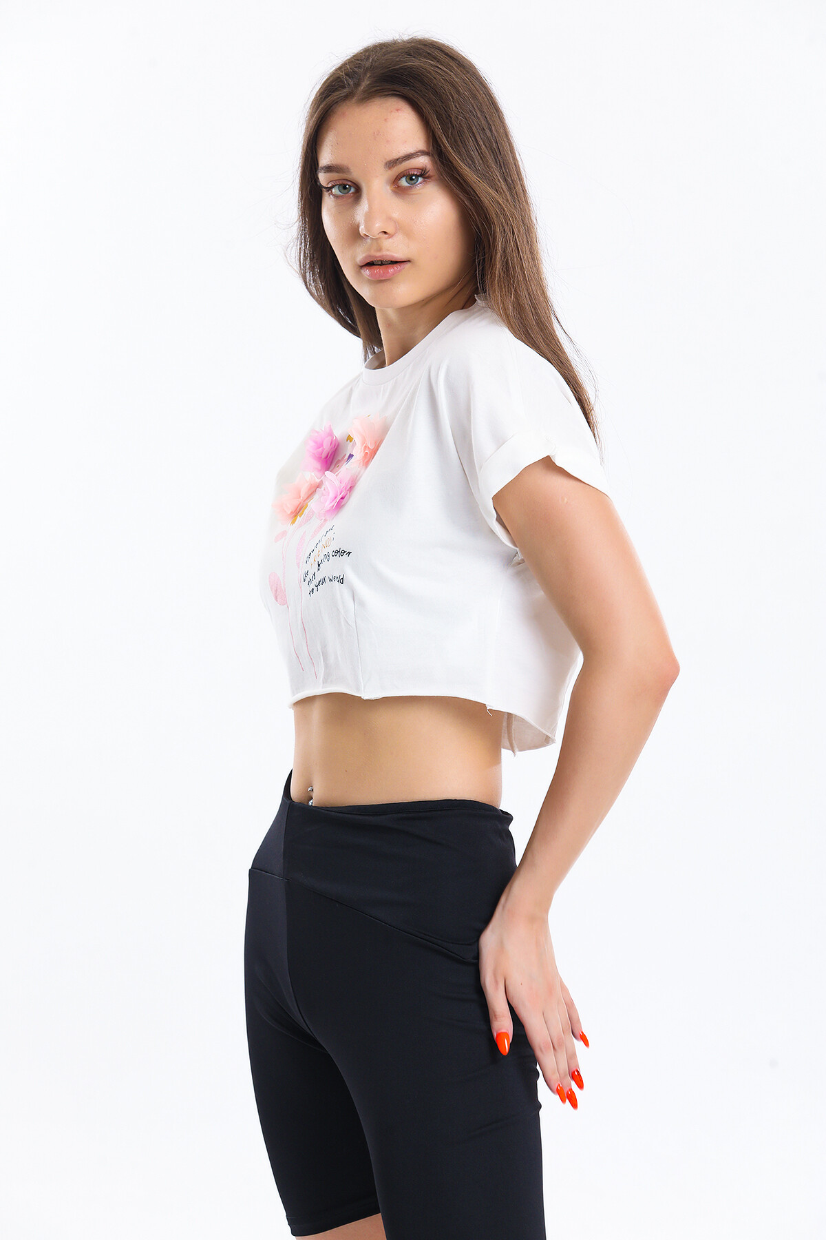 Çiçek Detaylı Baskılı Yarasa Kol Oversize Tişört