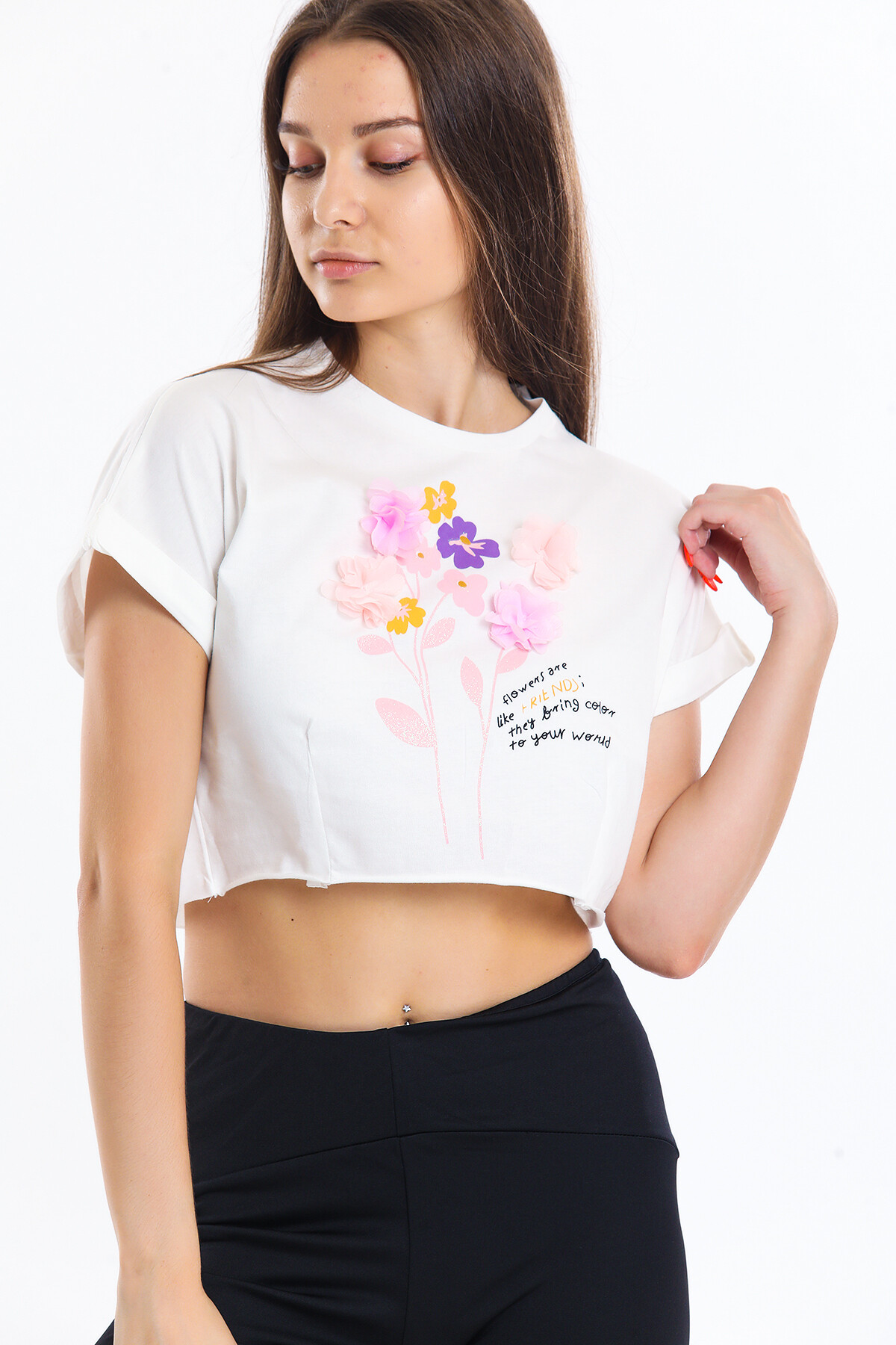 Çiçek Detaylı Baskılı Yarasa Kol Oversize Tişört
