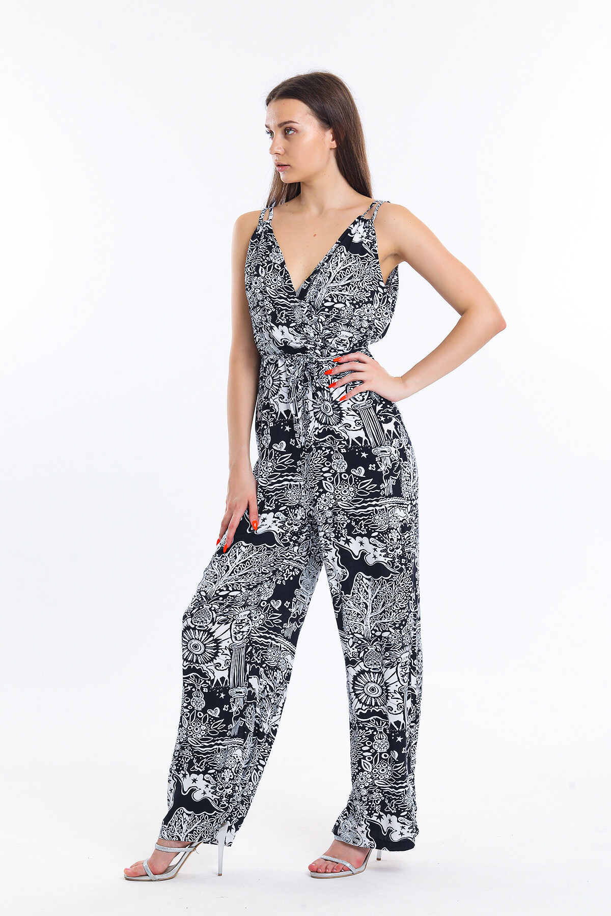 Çift Askılı Desenli Belden Bağlamalı Tulum