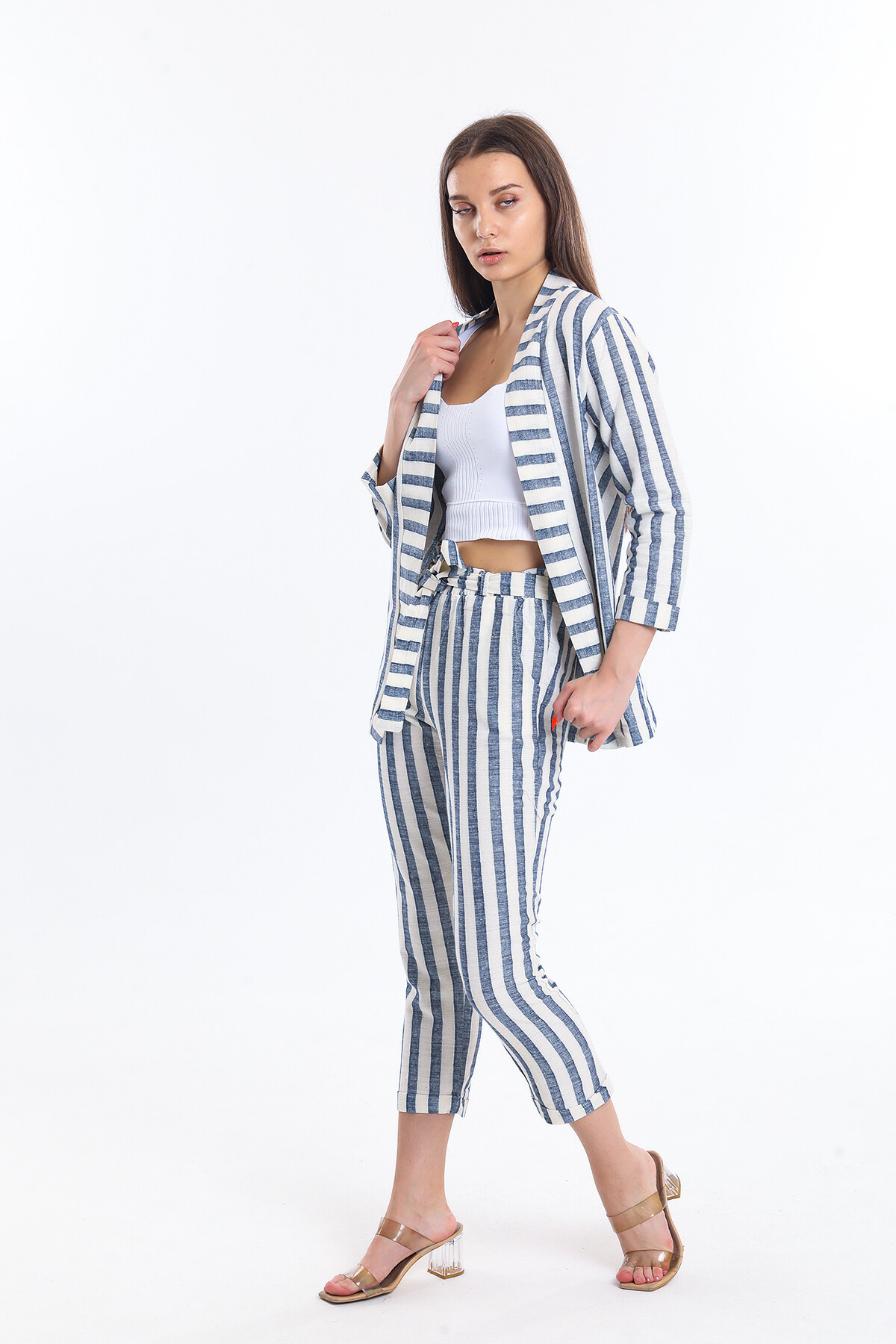 Çizgili Keten Pijama Takım