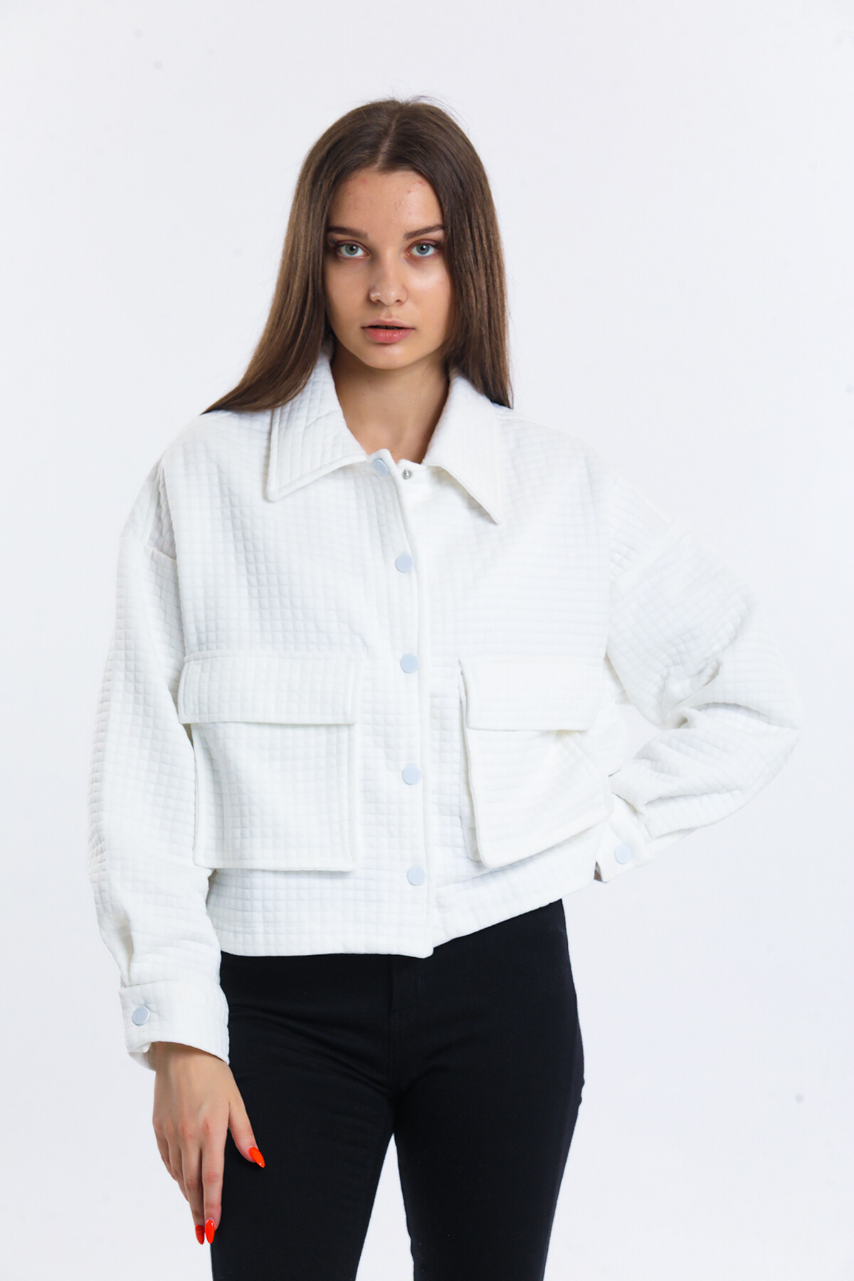 Gömlek Yaka Önü Çıtçıtlı İçi Astarlı Cepli Kapitone Görünümlü Ceket