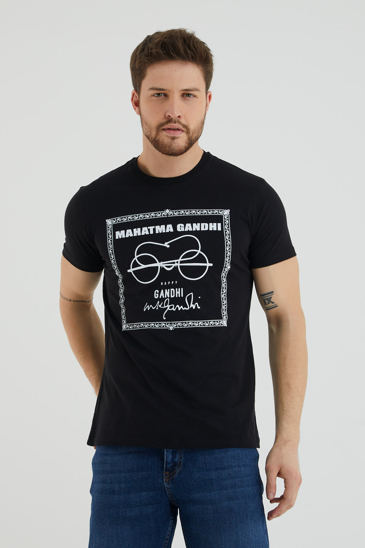 Gözlük Baskılı Bisiklet Yaka Battal Tshirt