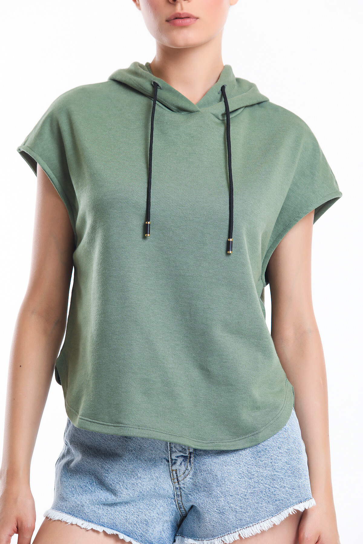 Kapuşonlu Bağcıklı Kolsuz Oversize Tişört