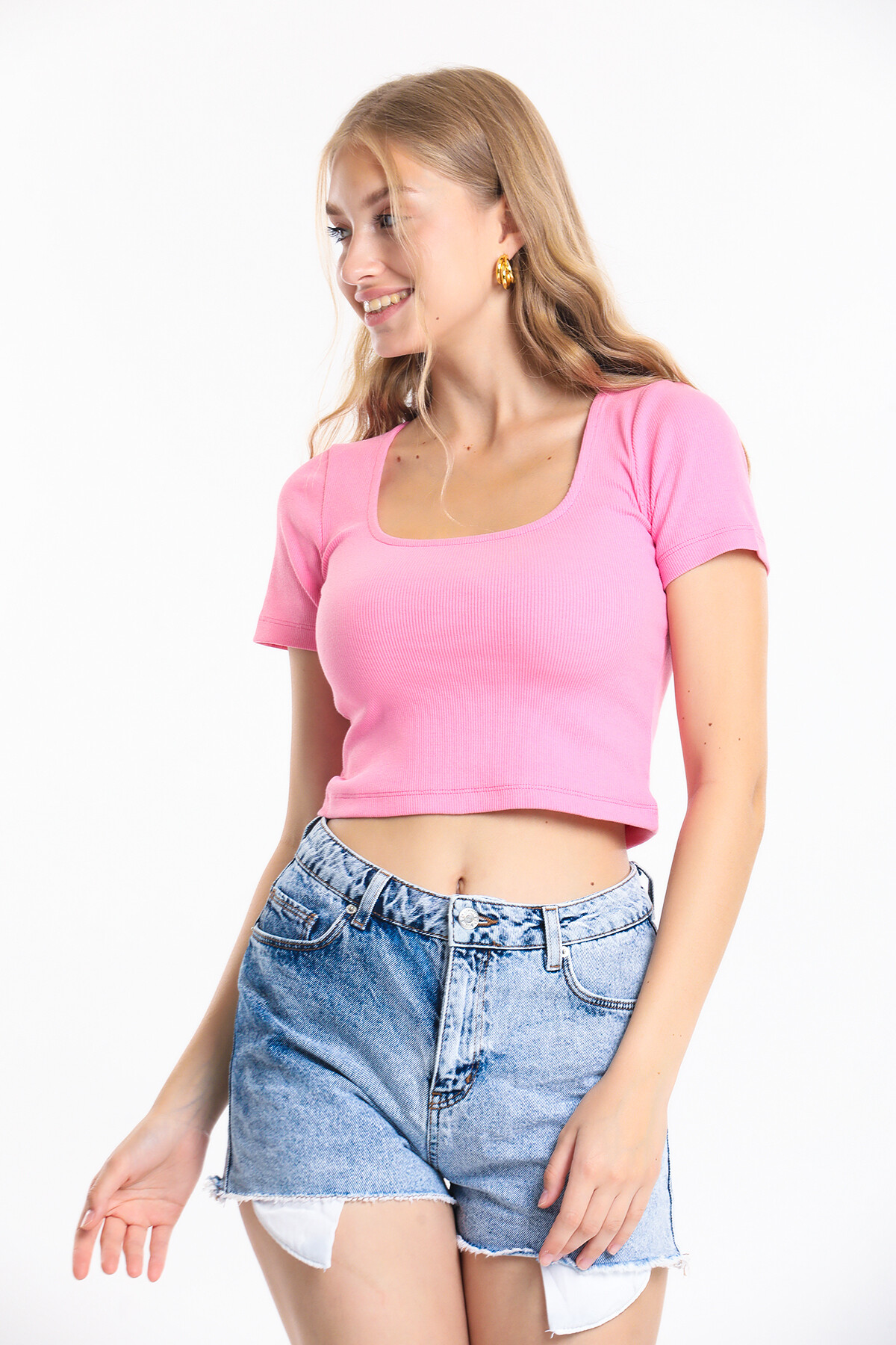 Kare Yaka Fitilli Crop Bluz