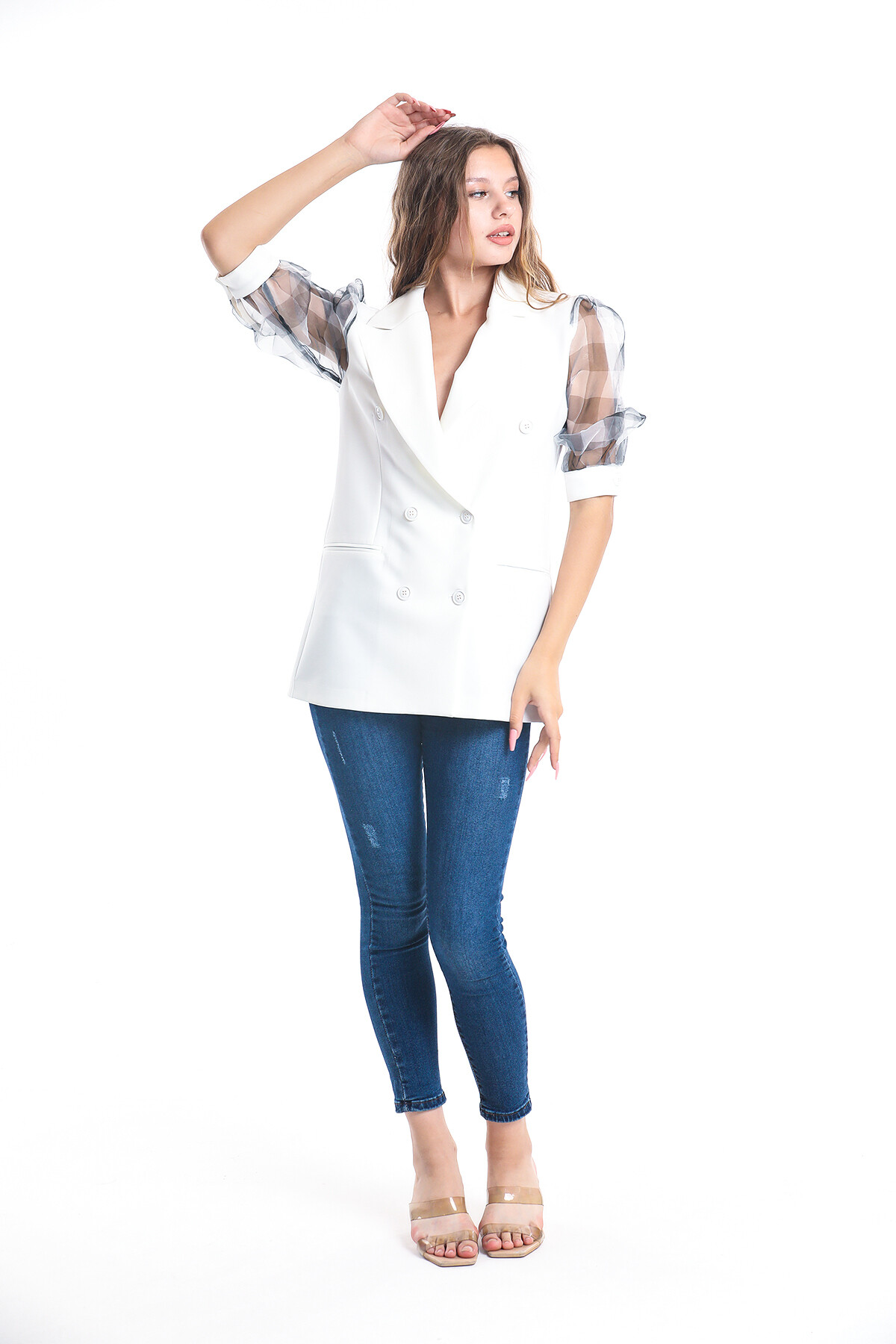 Kolları Transparanlı Gizli Cepli Düğmeli Balon Kol Blazer Ceket