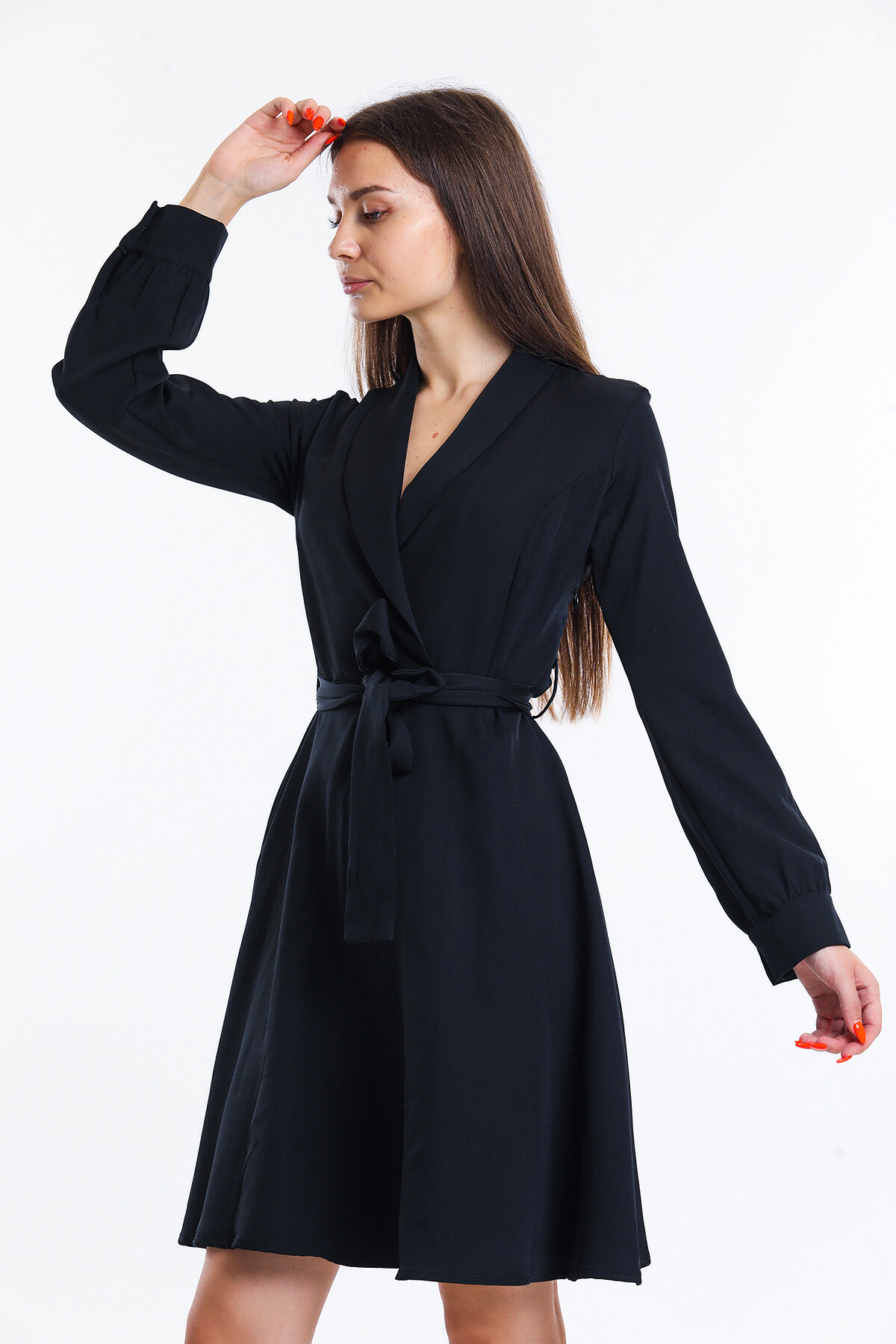 Kruvaze Yaka Yanı Fermuarlı Kuşaklı Uzun Kol Kısa Elbise