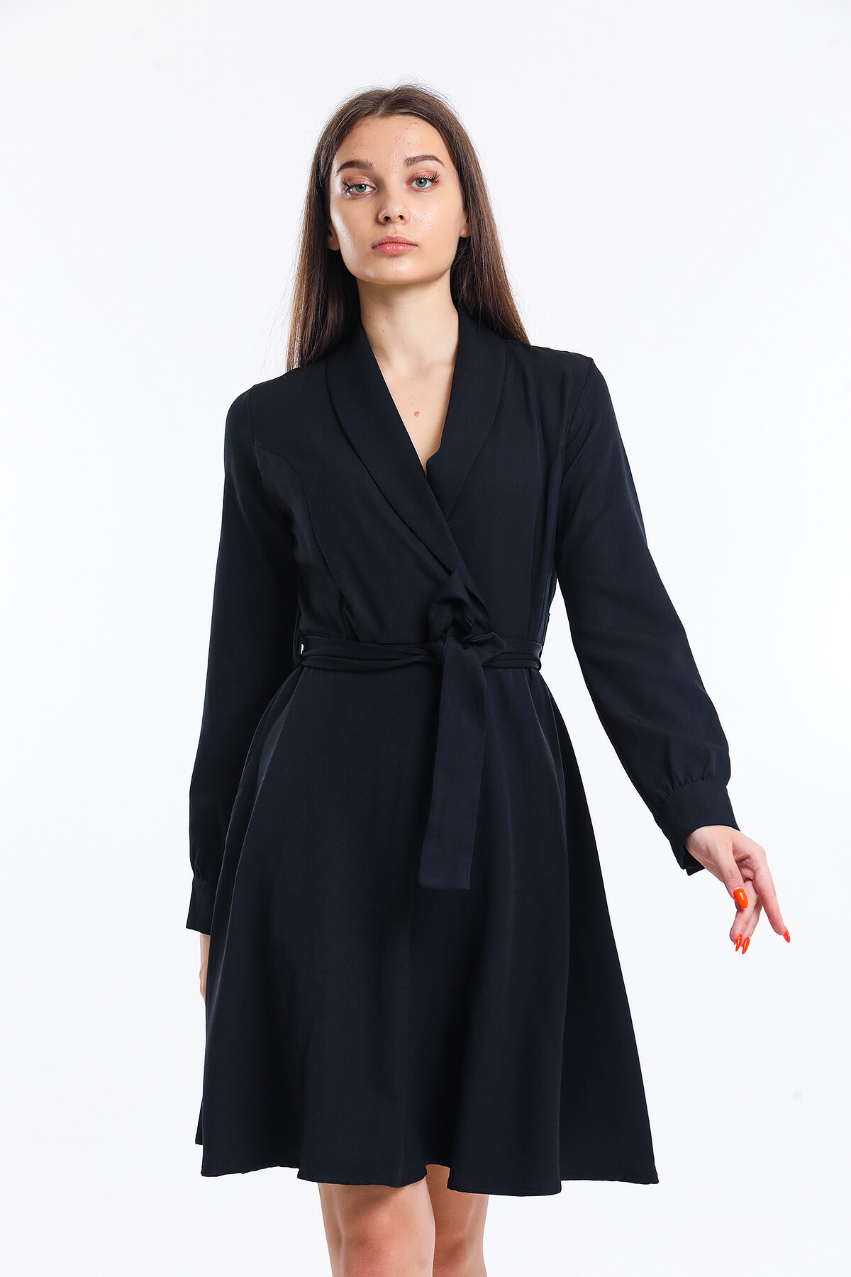 Kruvaze Yaka Yanı Fermuarlı Kuşaklı Uzun Kol Kısa Elbise