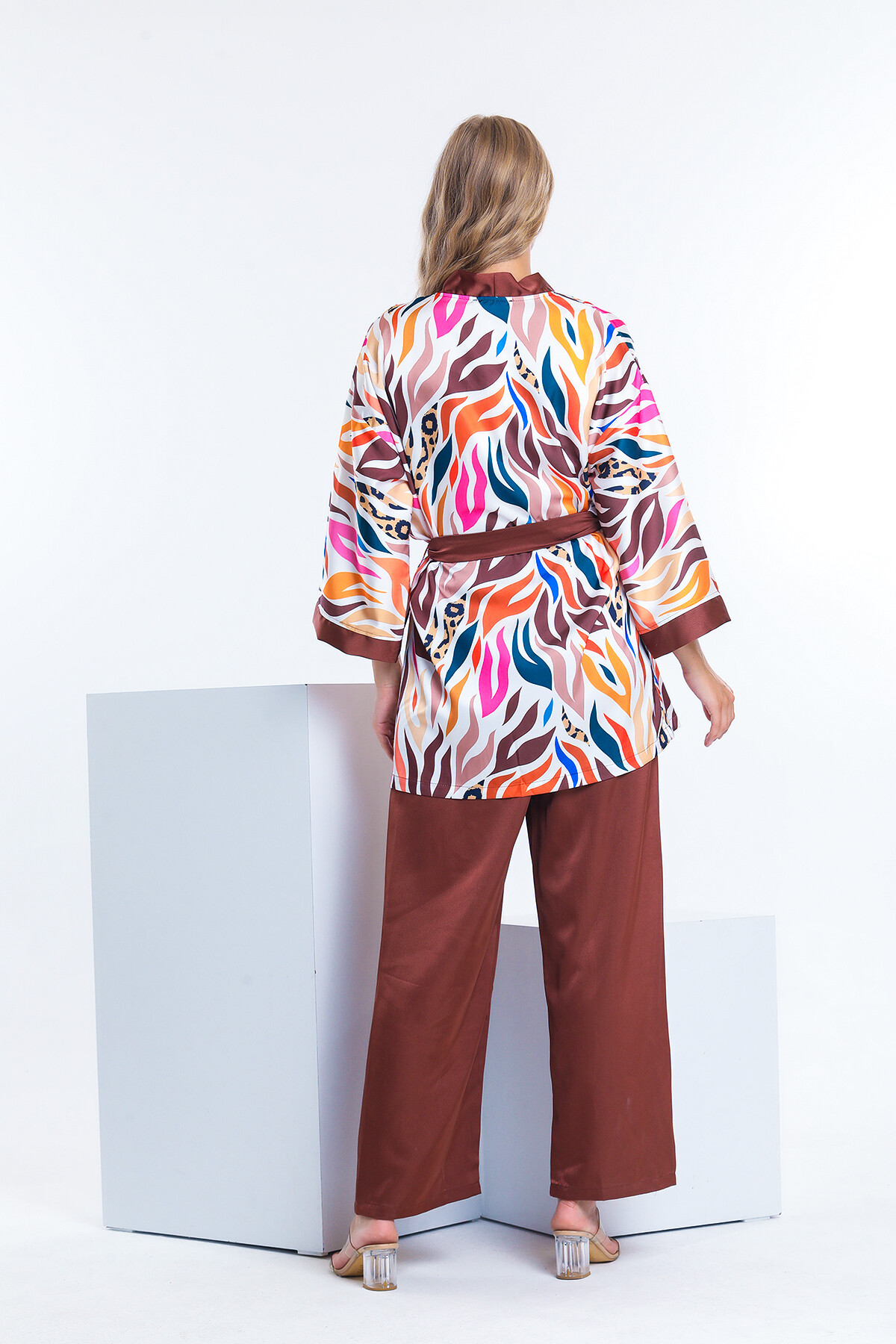 Kuşaklı Desenli Kimona Takım