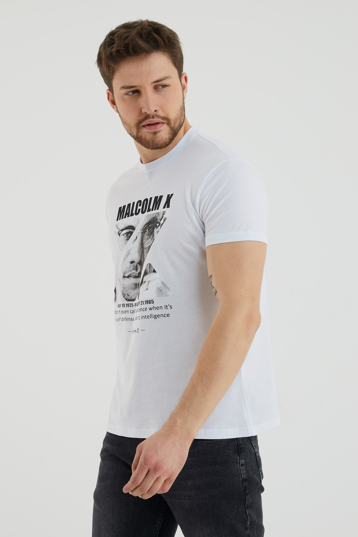 Malcolm X Baskılı Bisiklet Yaka Battal Tshirt