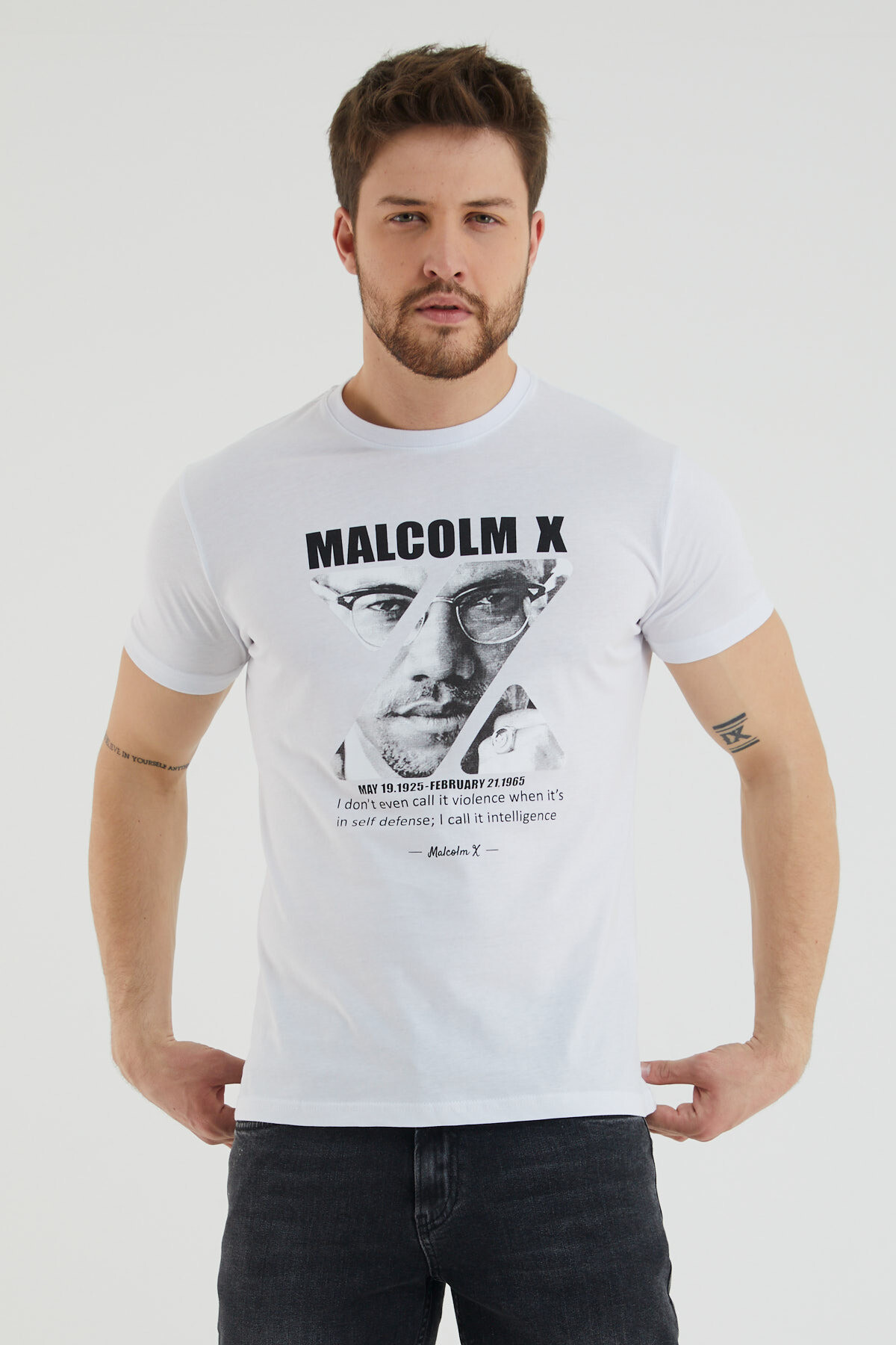 Malcolm X Yazı Baskılı Bisiklet Yaka Tshirt