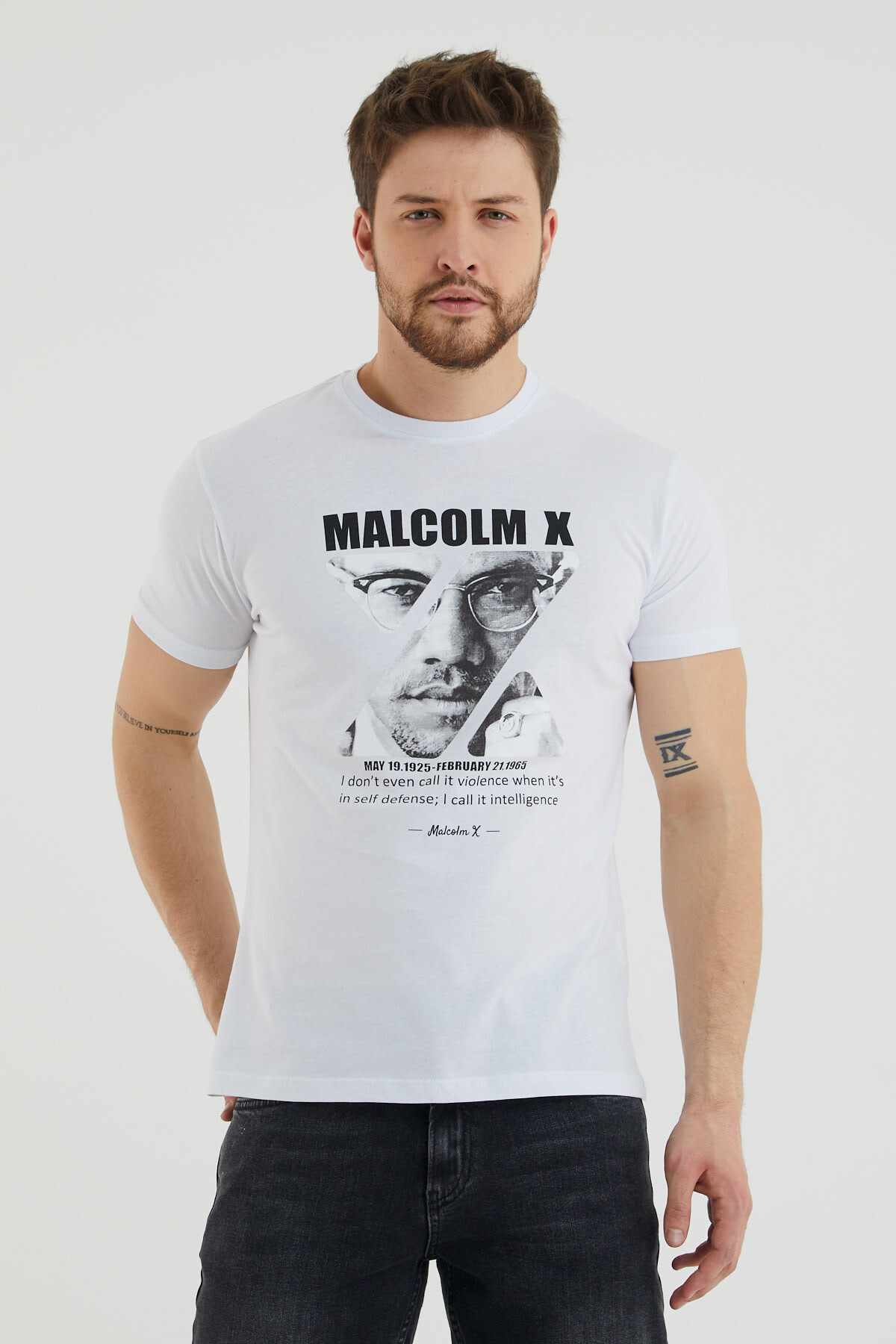 Malcolm X Yazı Baskılı Bisiklet Yaka Tshirt