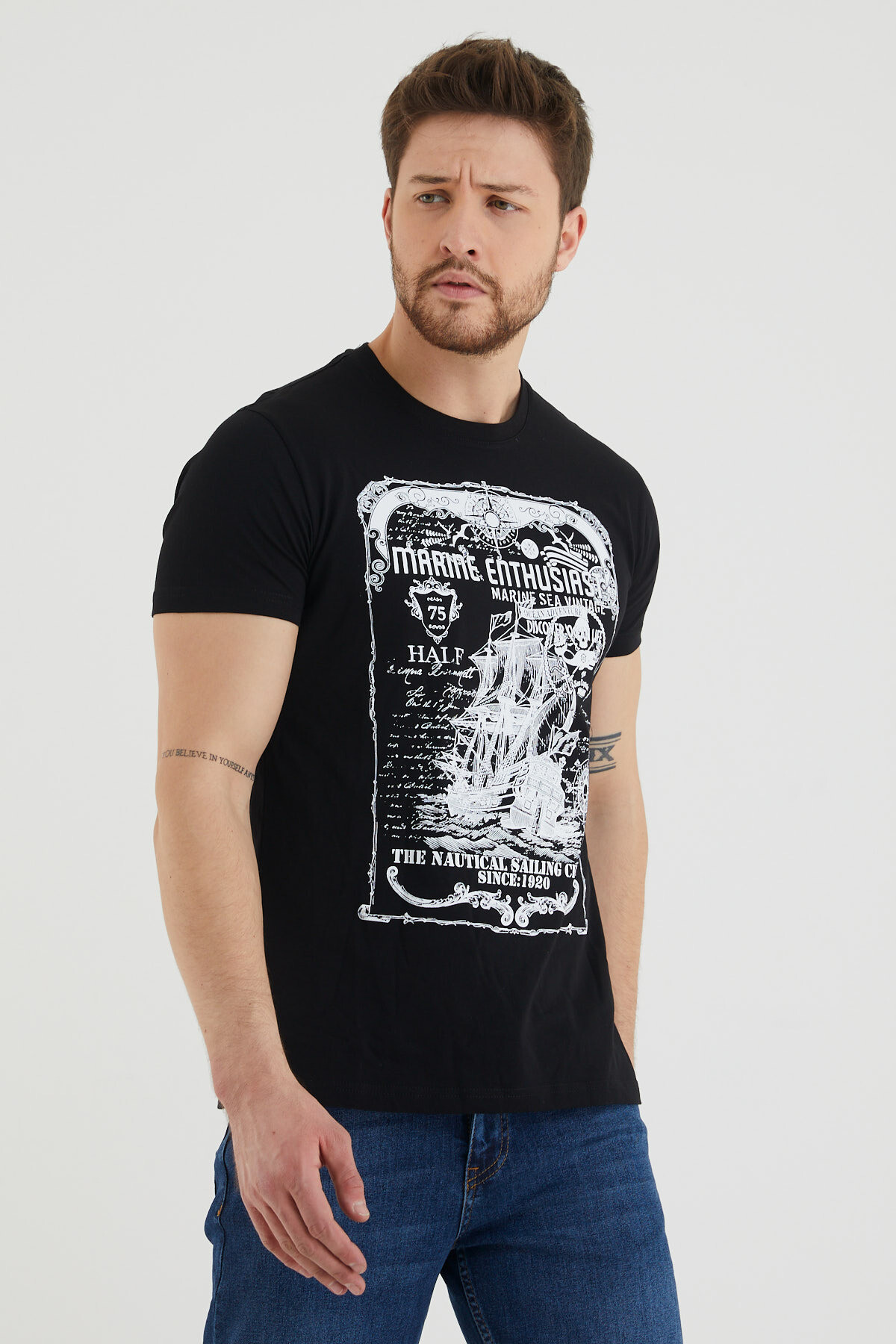 Marıne Enthusıast Yazı Baskılı Bisiklet Yaka Slim Fit Tshirt