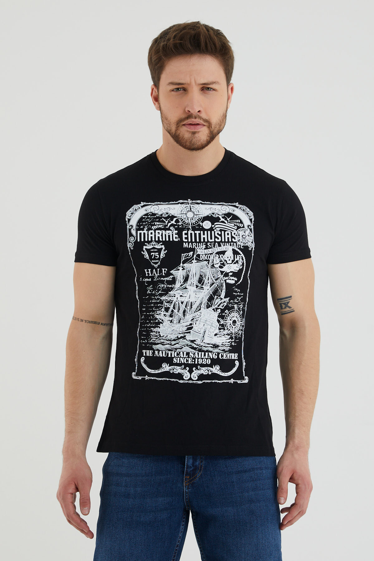 Marıne Enthusıast Yazı Baskılı Bisiklet Yaka Slim Fit Tshirt