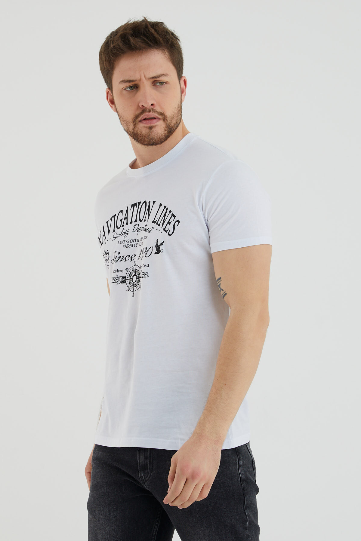 Navıgatıon Lınes Yazılı Baskılı Bisiklet Yaka Slim Fit Tshirt