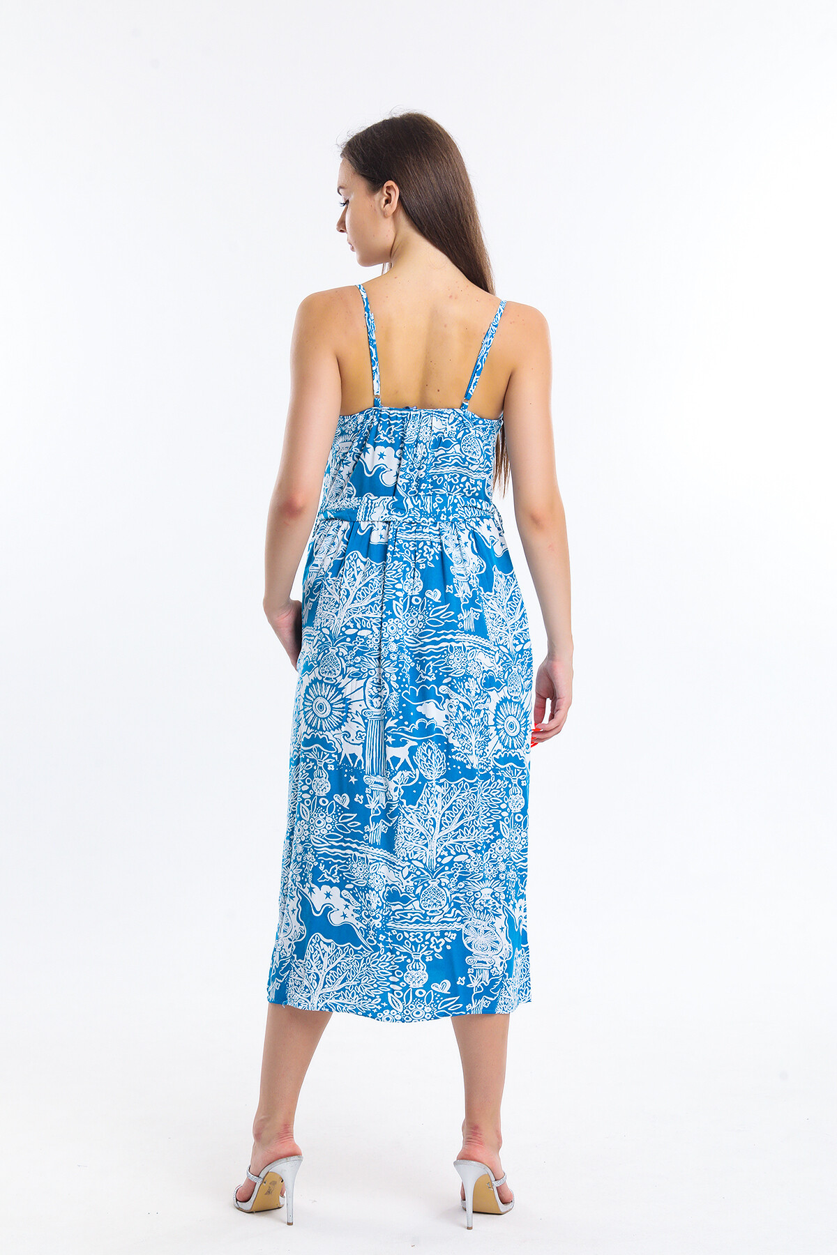 Önü Düğmeli Askılı Desenli Kuşaklı Elbise