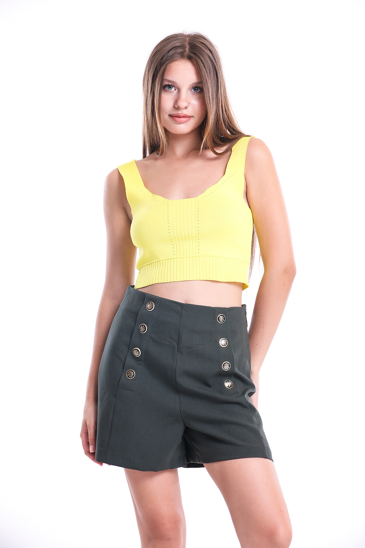 Önü Düğmeli Yandan Fermuarlı Yüksek Bel Şort