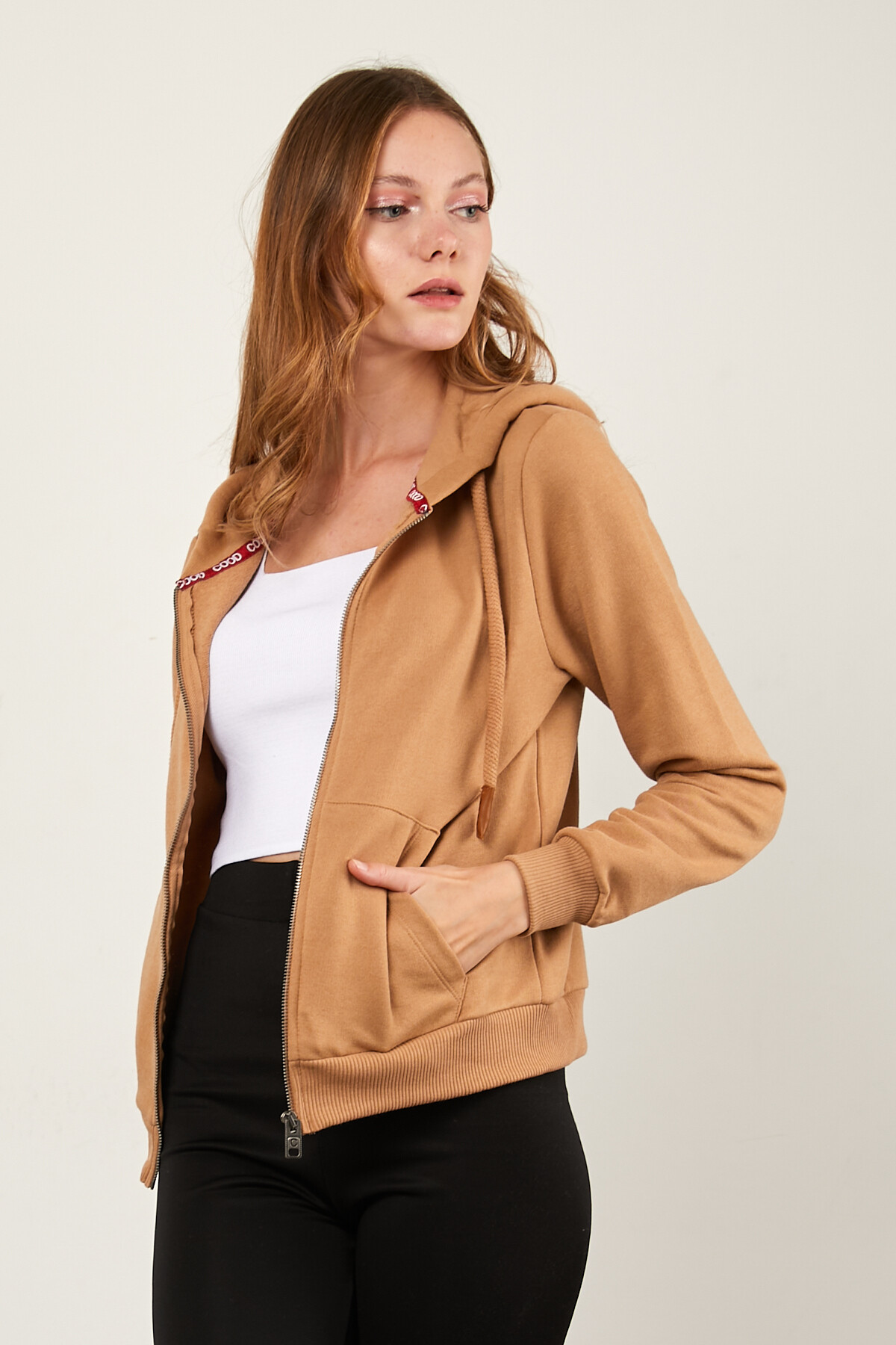 Önü Fermuarlı Kanguru Cepli Bağcıklı Kapuşonlu Sweat