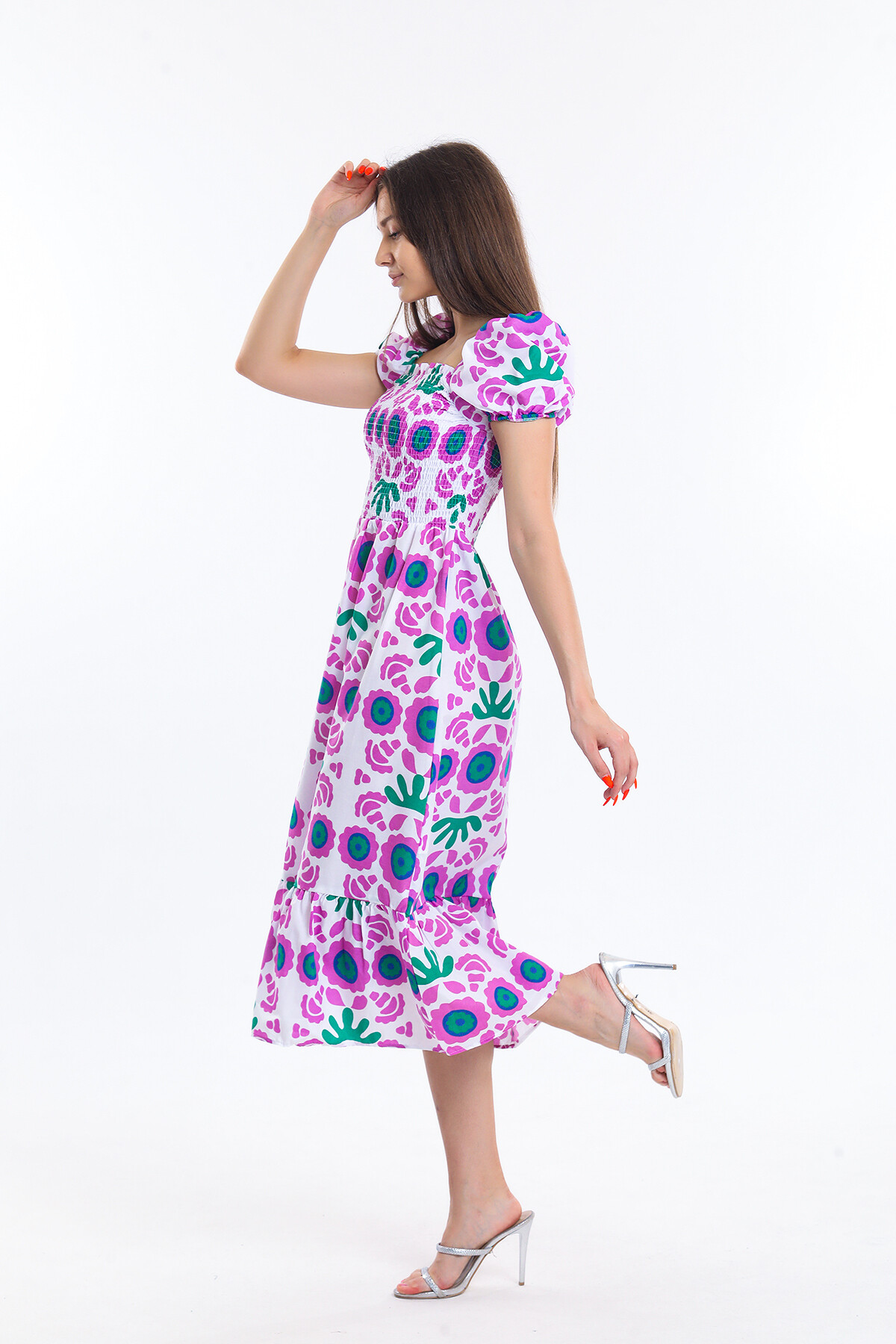 Robası Büzgülü Balon Kol Desenli Uzun Elbise