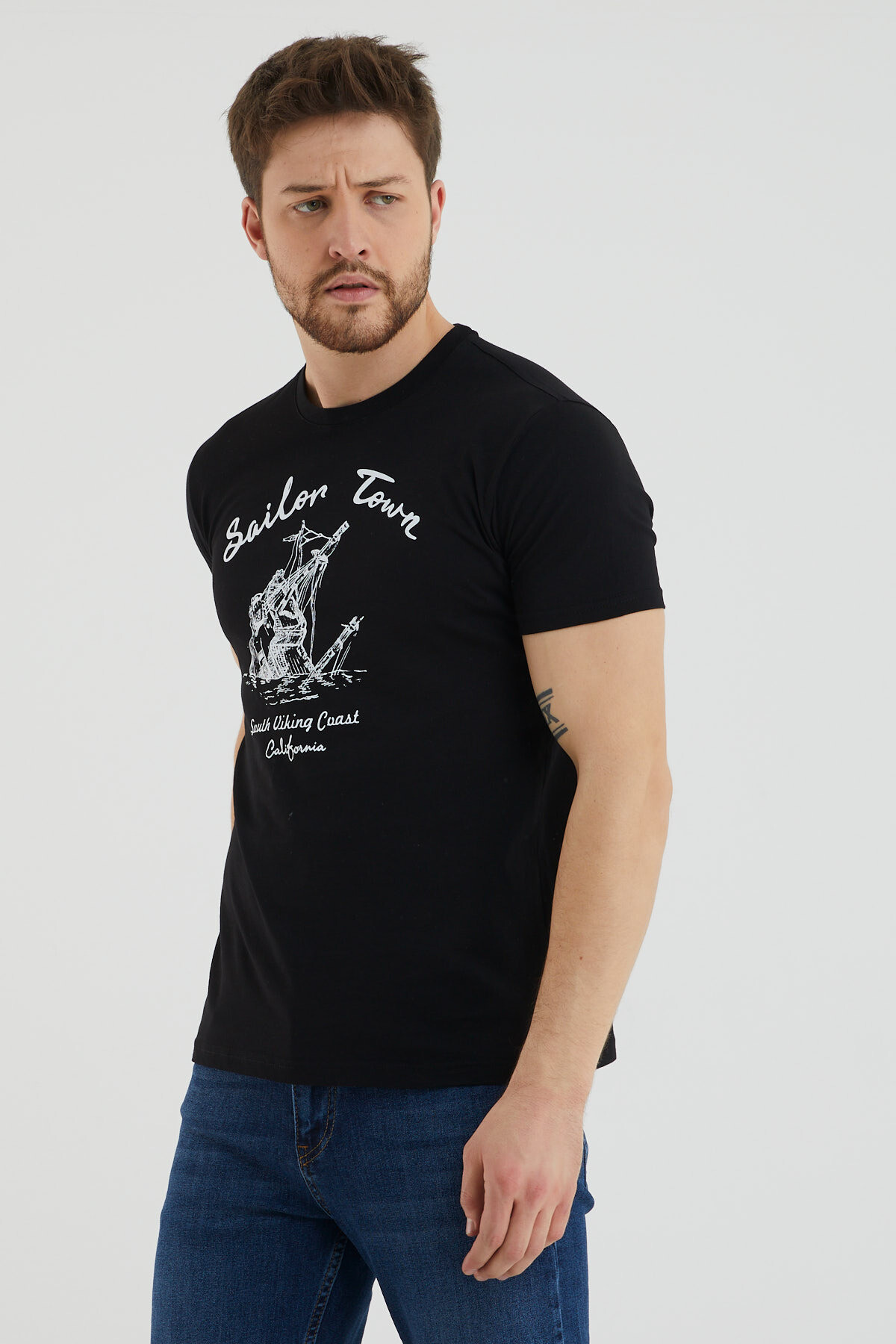 Sailon Tour Yazı Baskılı Bisiklet Yaka Slim Fit Tshirt