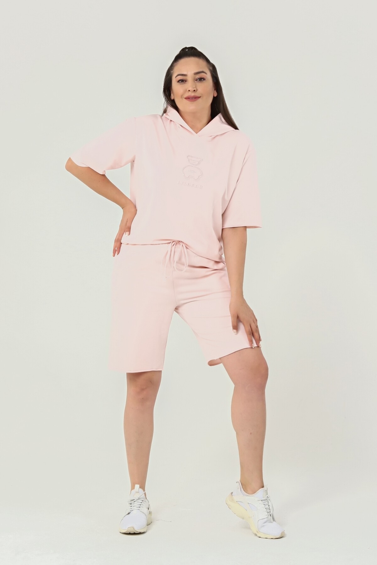 Taş İşlemeli Kapuşonlu Büyük Beden Şort Takım