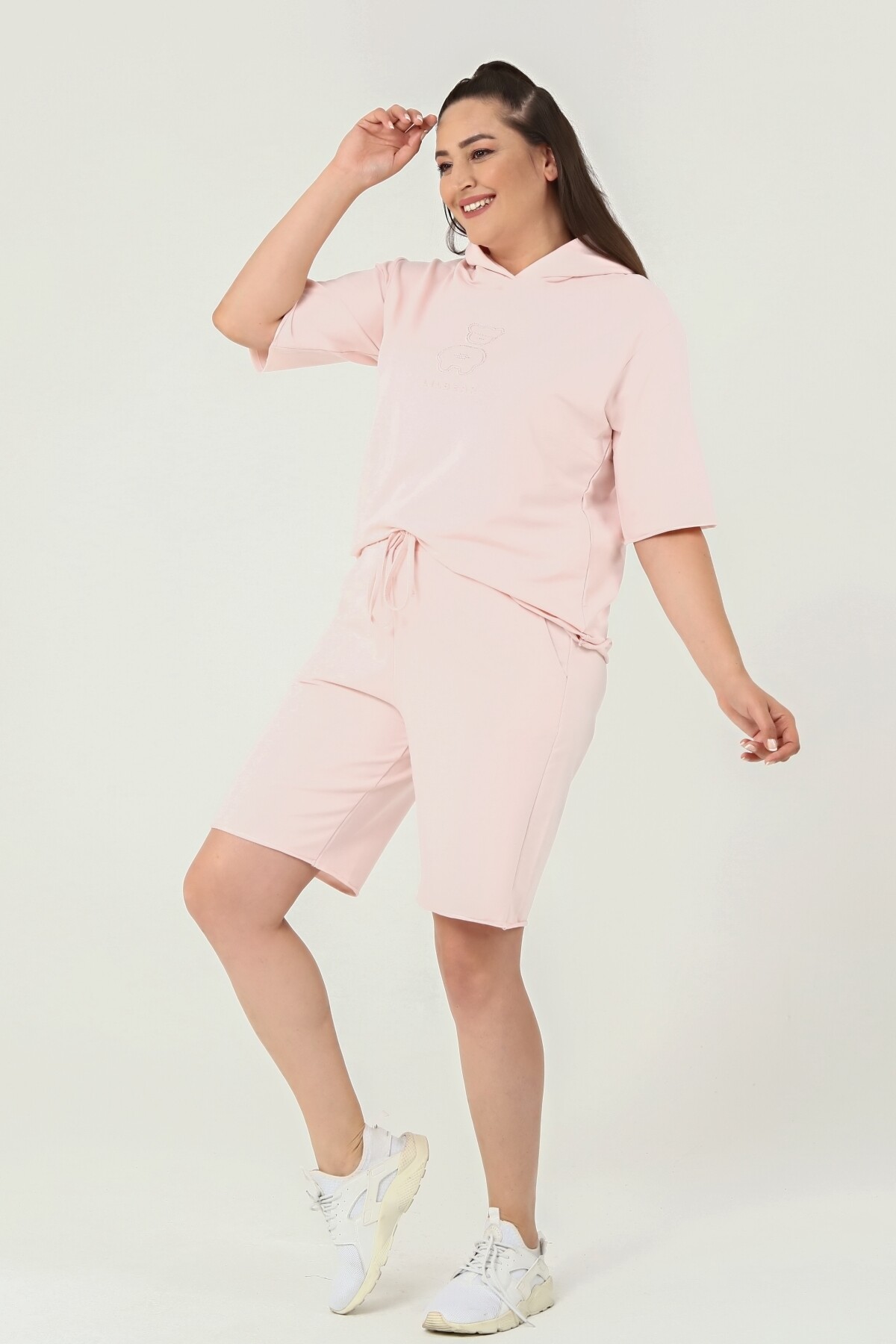 Taş İşlemeli Kapuşonlu Büyük Beden Şort Takım