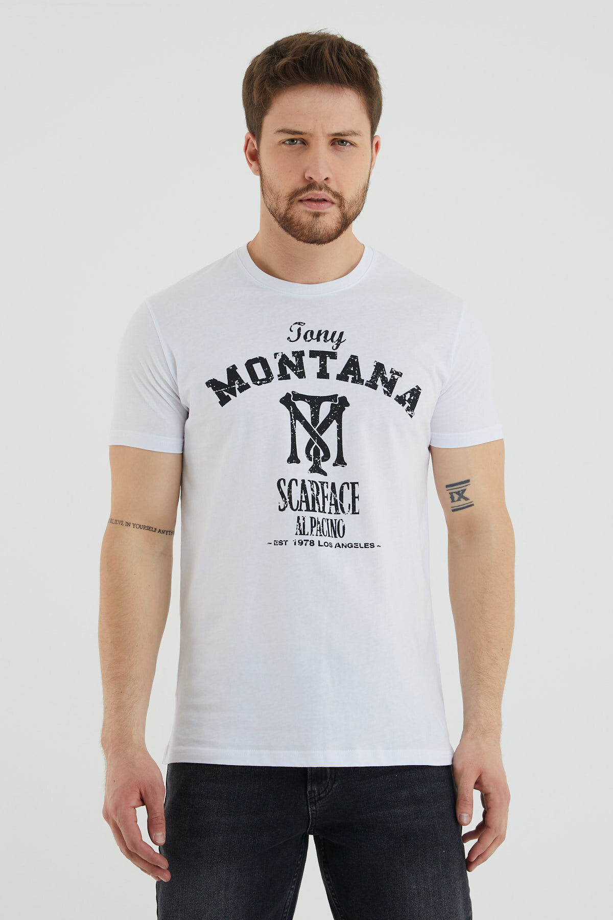 Tony Montana Yazılı Baskılı Bisiklet Yaka Slim Fit Tshirt