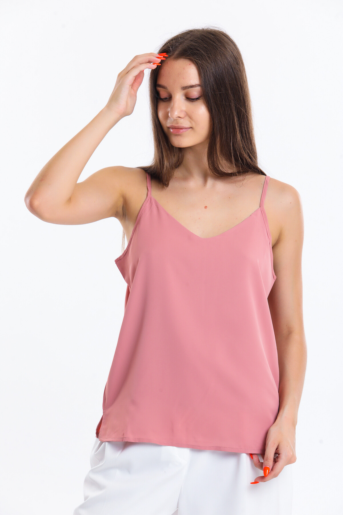 V Yaka Askılı Yırtmaçlı Şifon Bluz