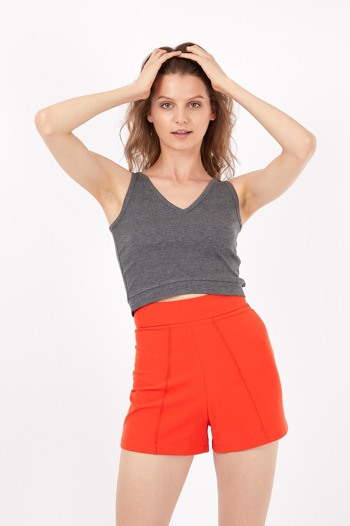 V Yaka Kaşkorseli Askılı Crop Bluz