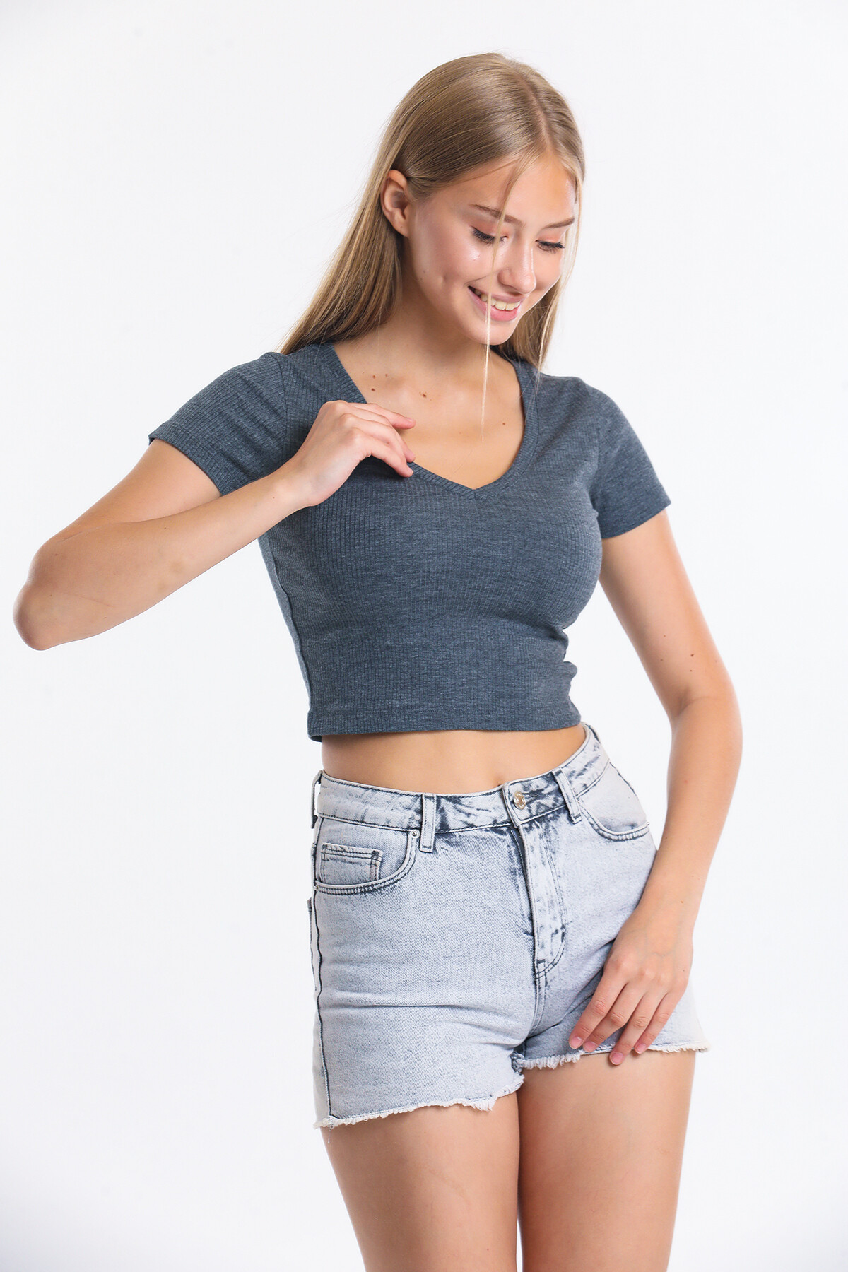 V Yaka Kaşkorseli Crop Bluz