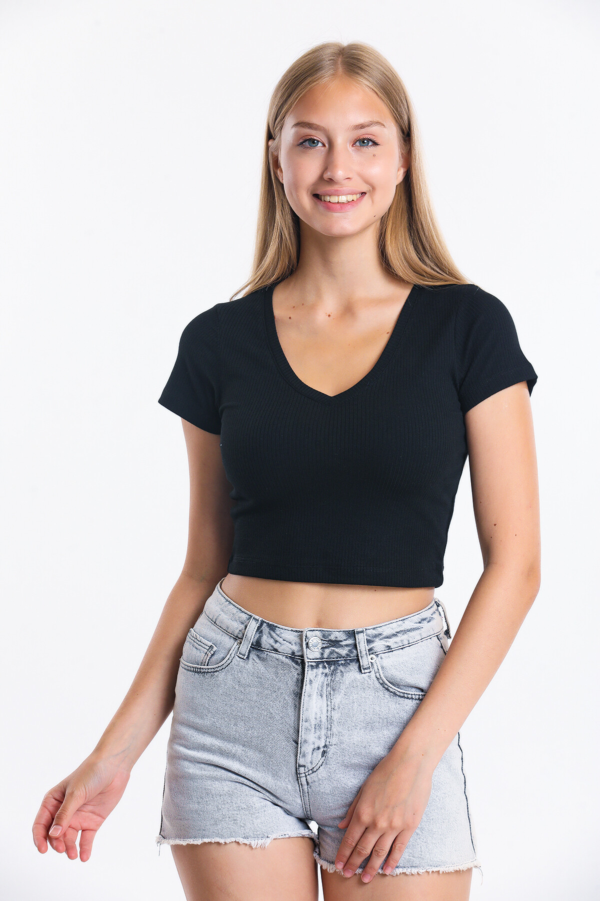 V Yaka Kaşkorseli Crop Bluz