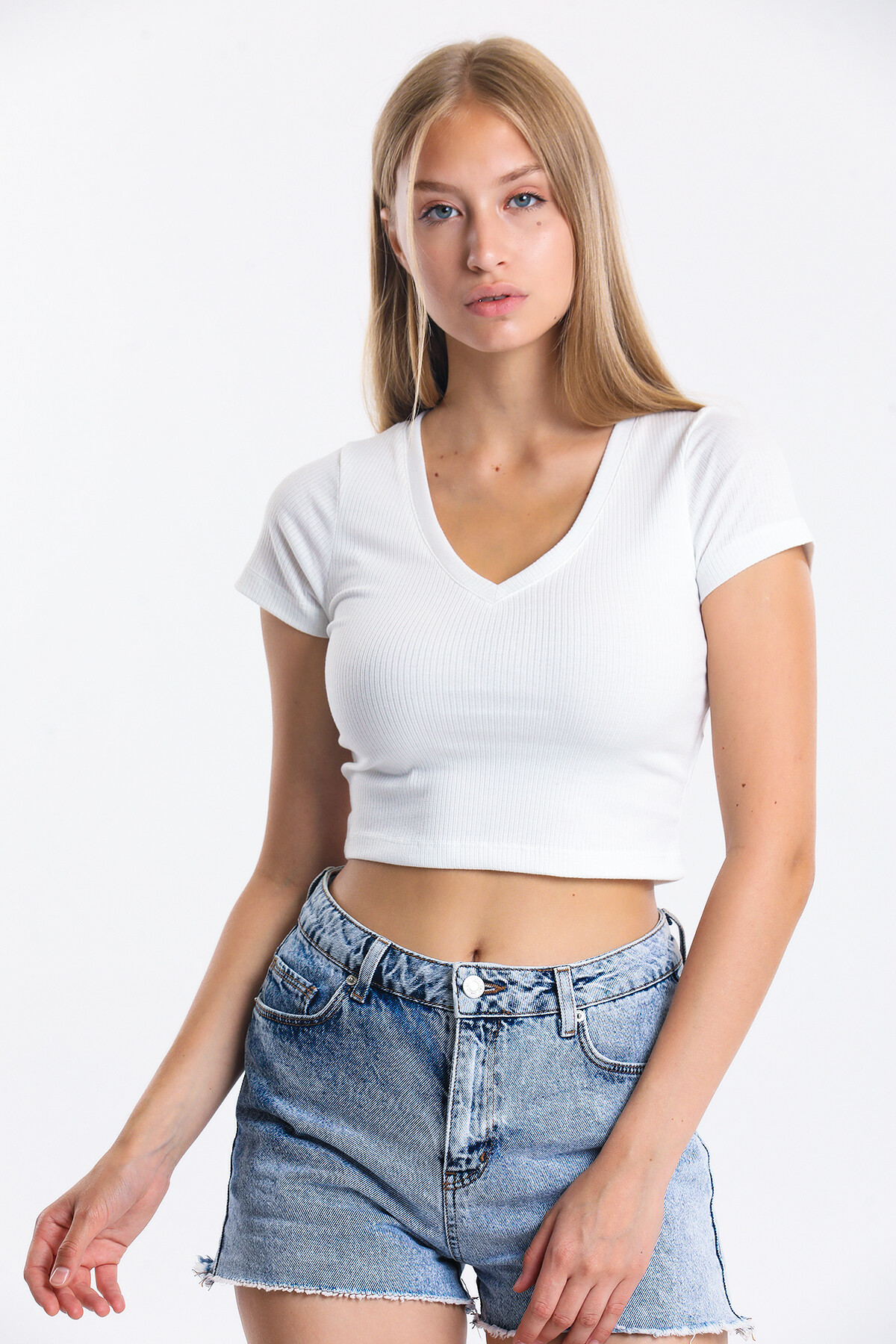 V Yaka Kaşkorseli Crop Bluz