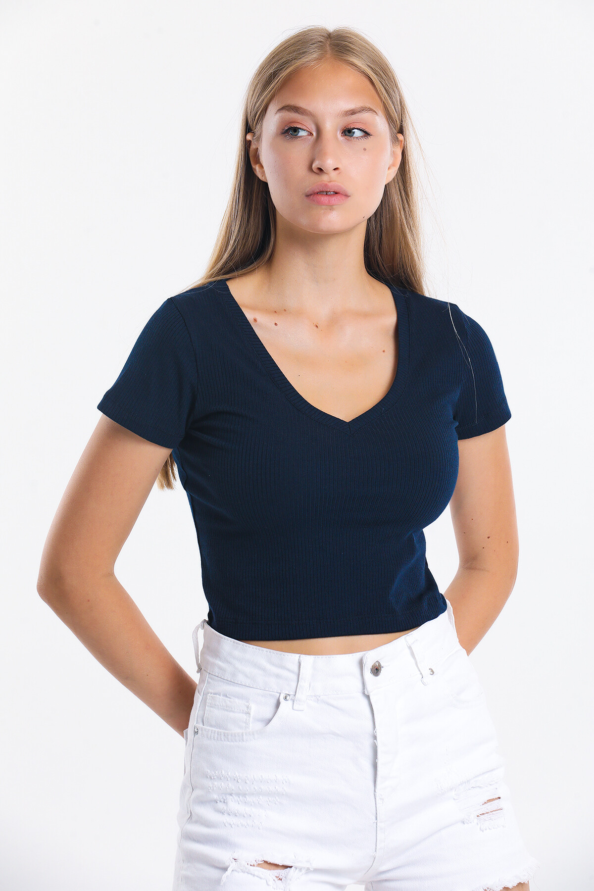 V Yaka Kaşkorseli Crop Bluz