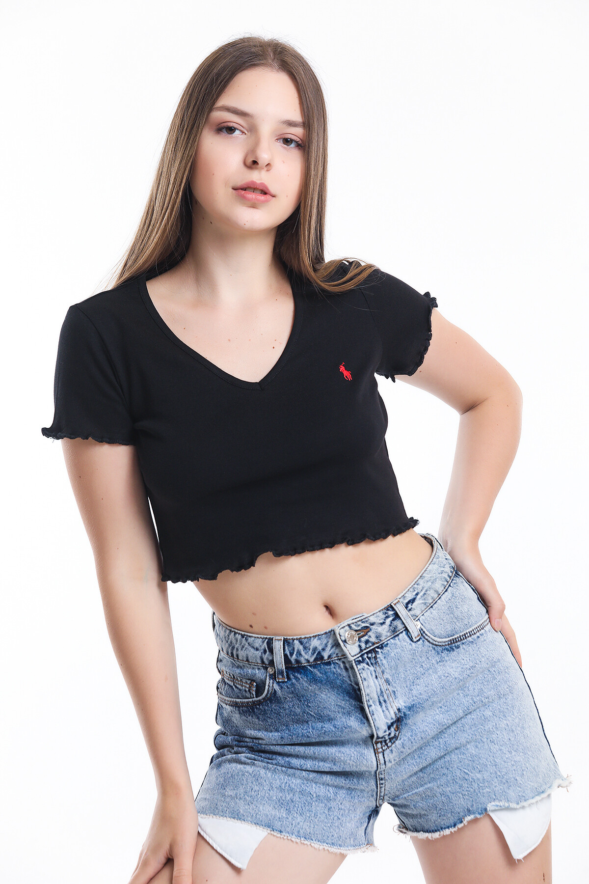 V Yaka Kolu ve Eteği Büzgülü Crop Bluz