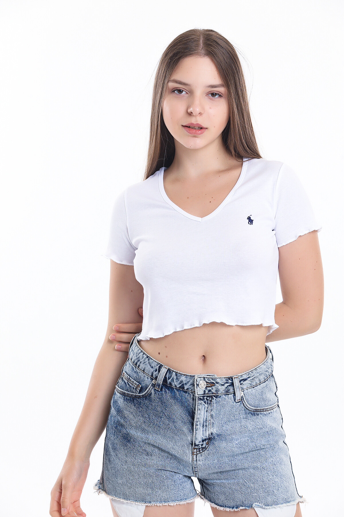 V Yaka Kolu ve Eteği Büzgülü Crop Bluz